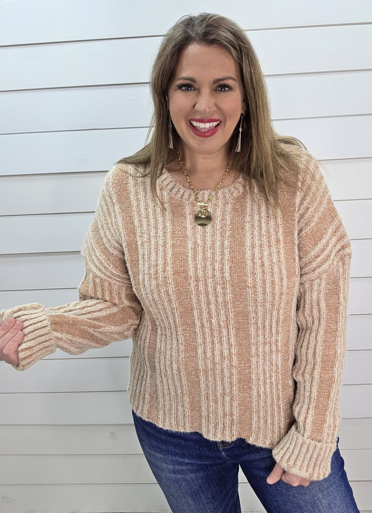 MOCHA FUZZY KNIT TEXTURED PULLOVER SWEATER