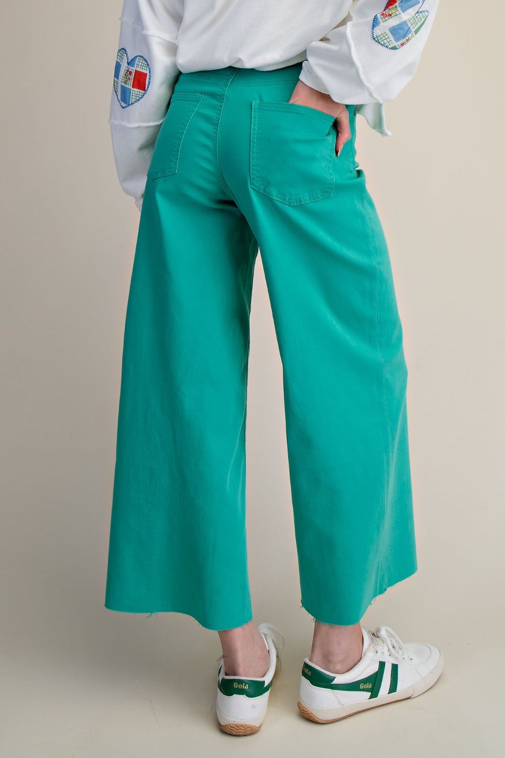 CLOVER GREEN BUTTON FRONT STRETCH WIDE LEG JEANS