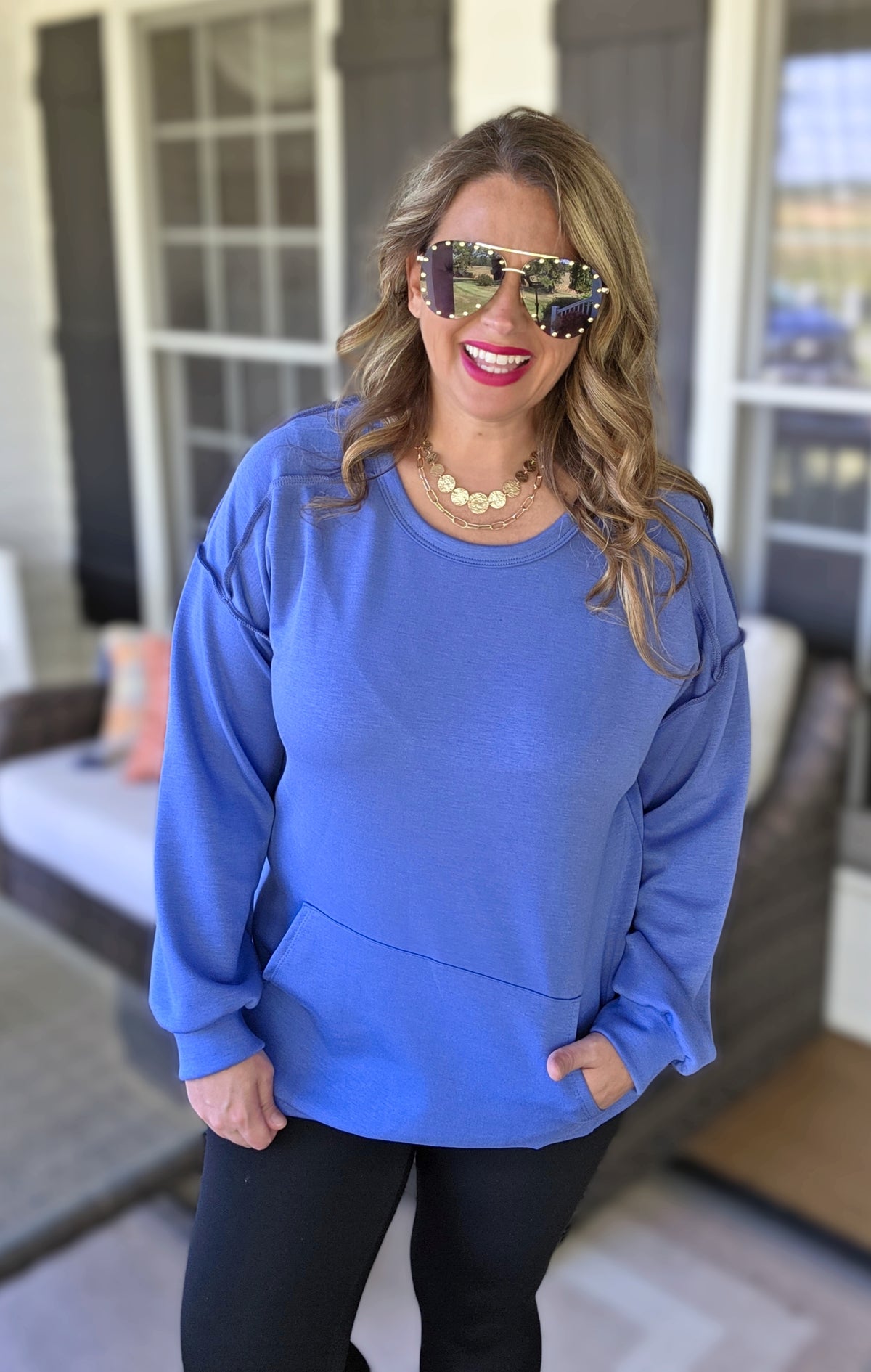 DENIM SCUBA CREW NECK PULLOVER WITH KANGAROO POCKET