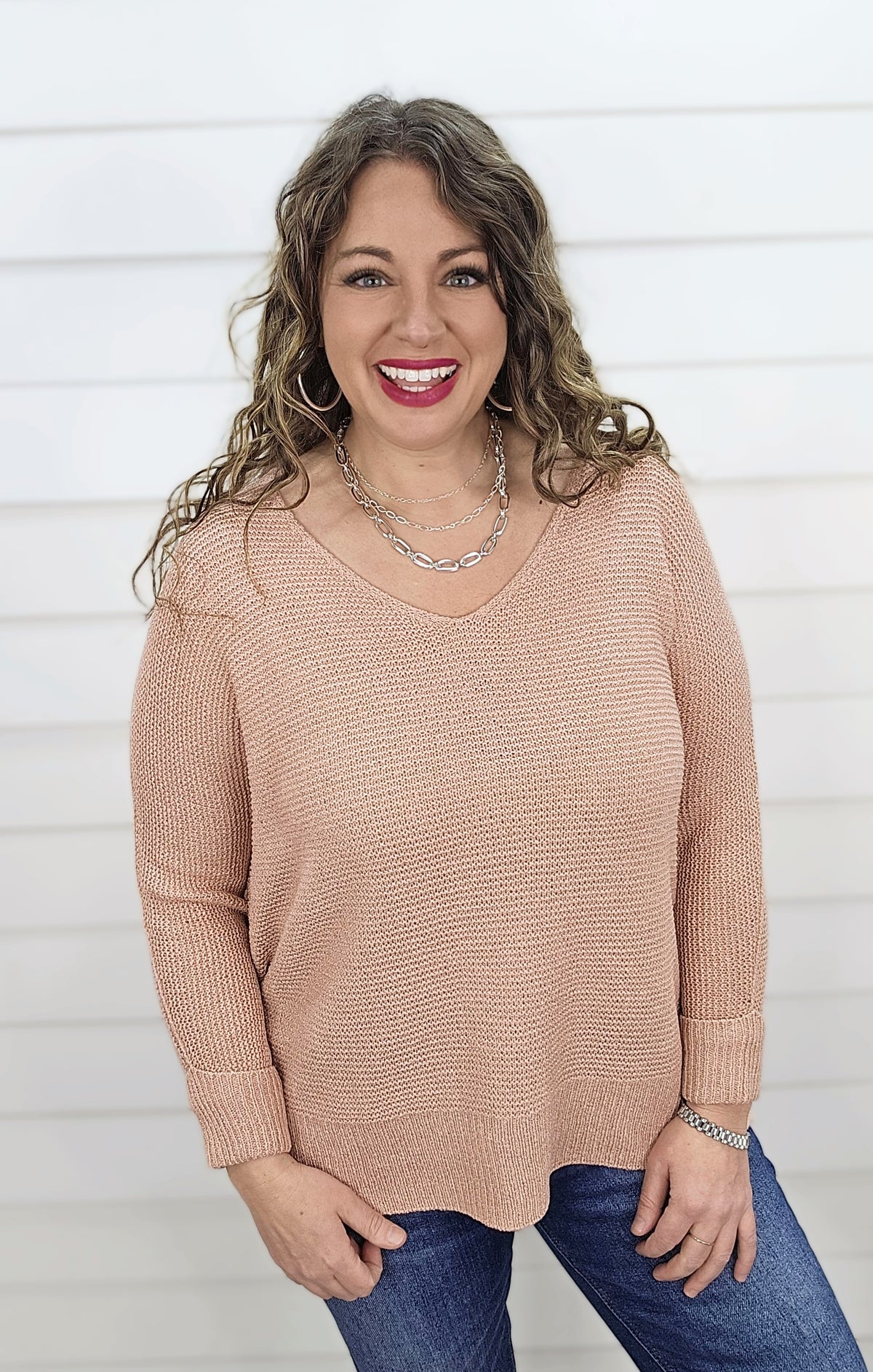 BLUSH V NECK SLOUCH SWEATER W/ ROLLED SLEEVES