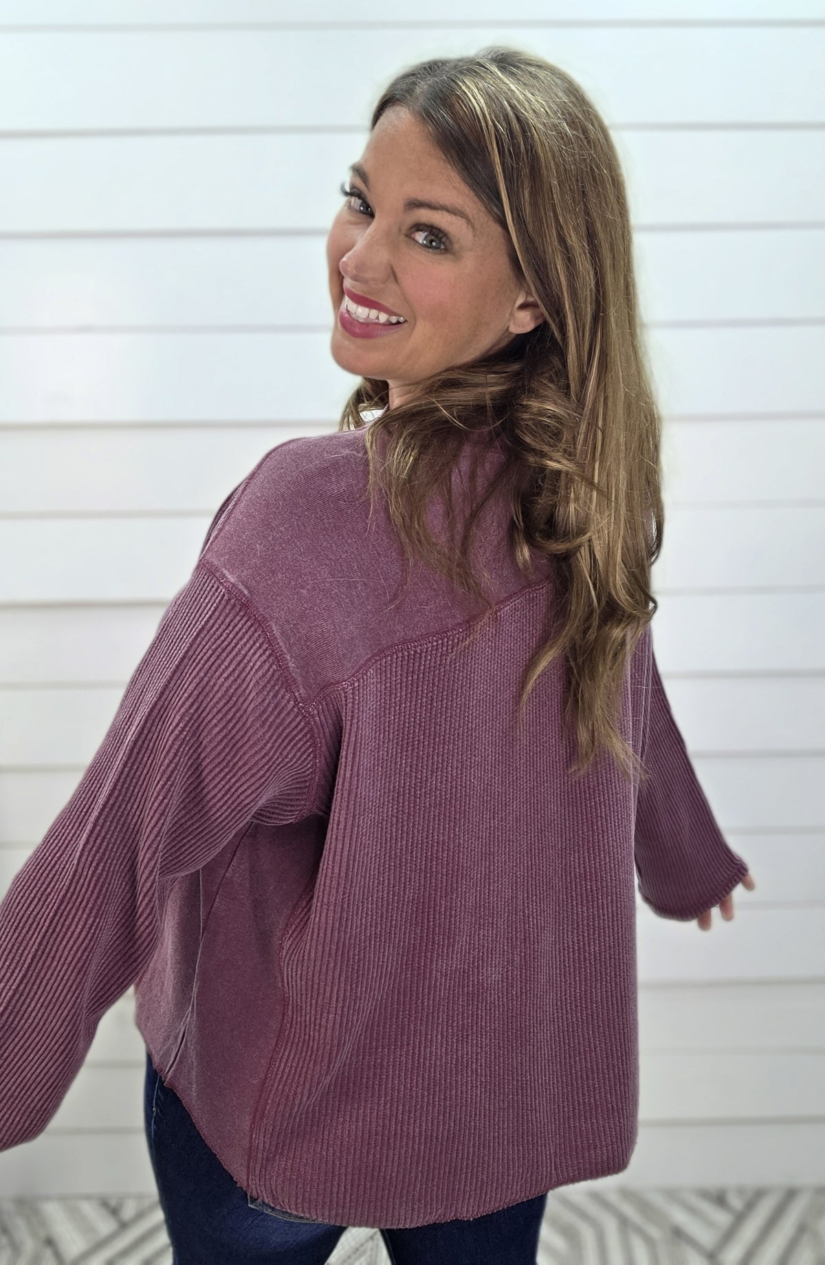 DARK CHERRY MINERAL WASHED WAFFLE TEXTURE CONTRAST KNIT LOOSE FIT TOP