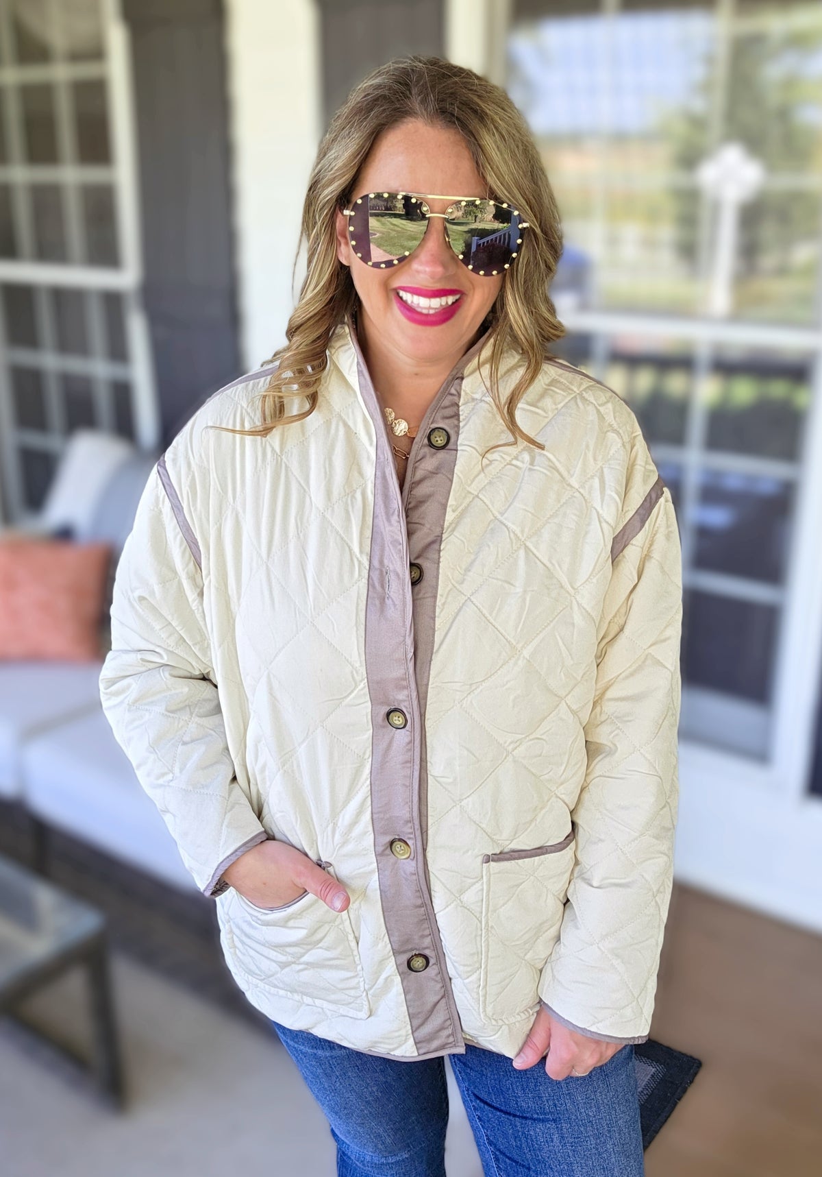 KARENT HART TAUPE REVERSIBLE FLORAL/KHAKI QUILTED JACKET
