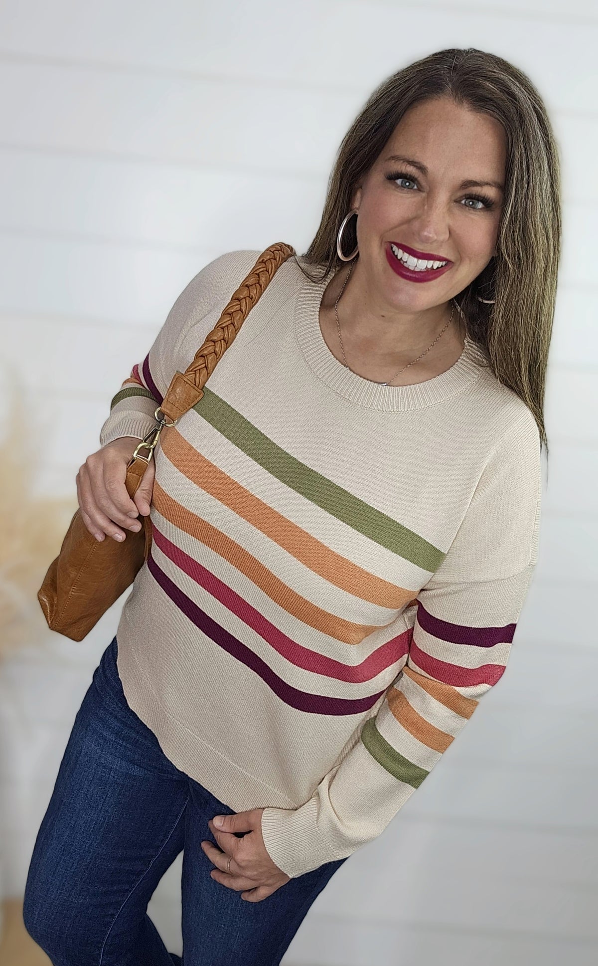 OATMEAL MULTI STRIPE SOFT PULLOVER SWEATER