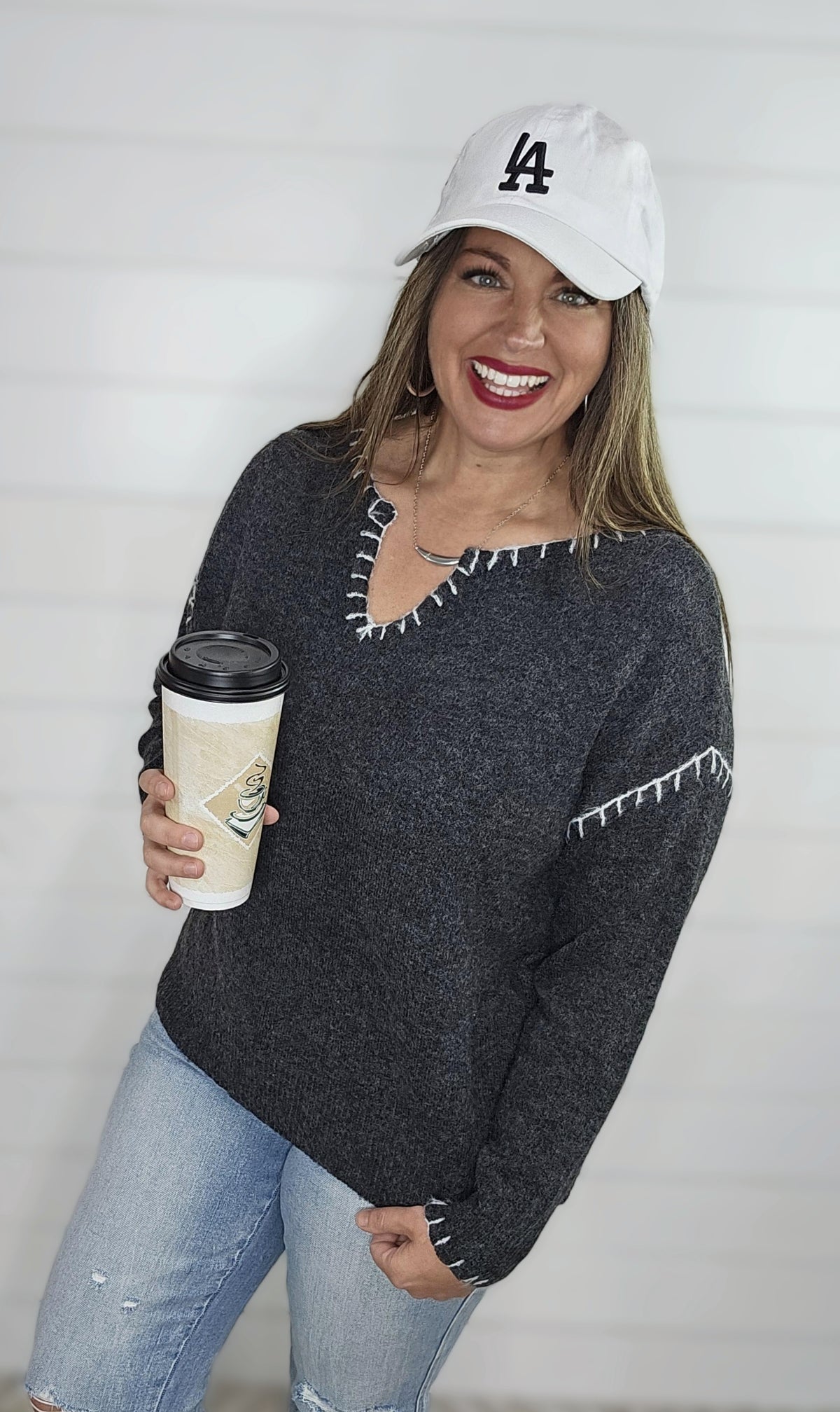 GUN METAL BLANKET STITCH NOTCHED NECKLINE PULLOVER SWEATER