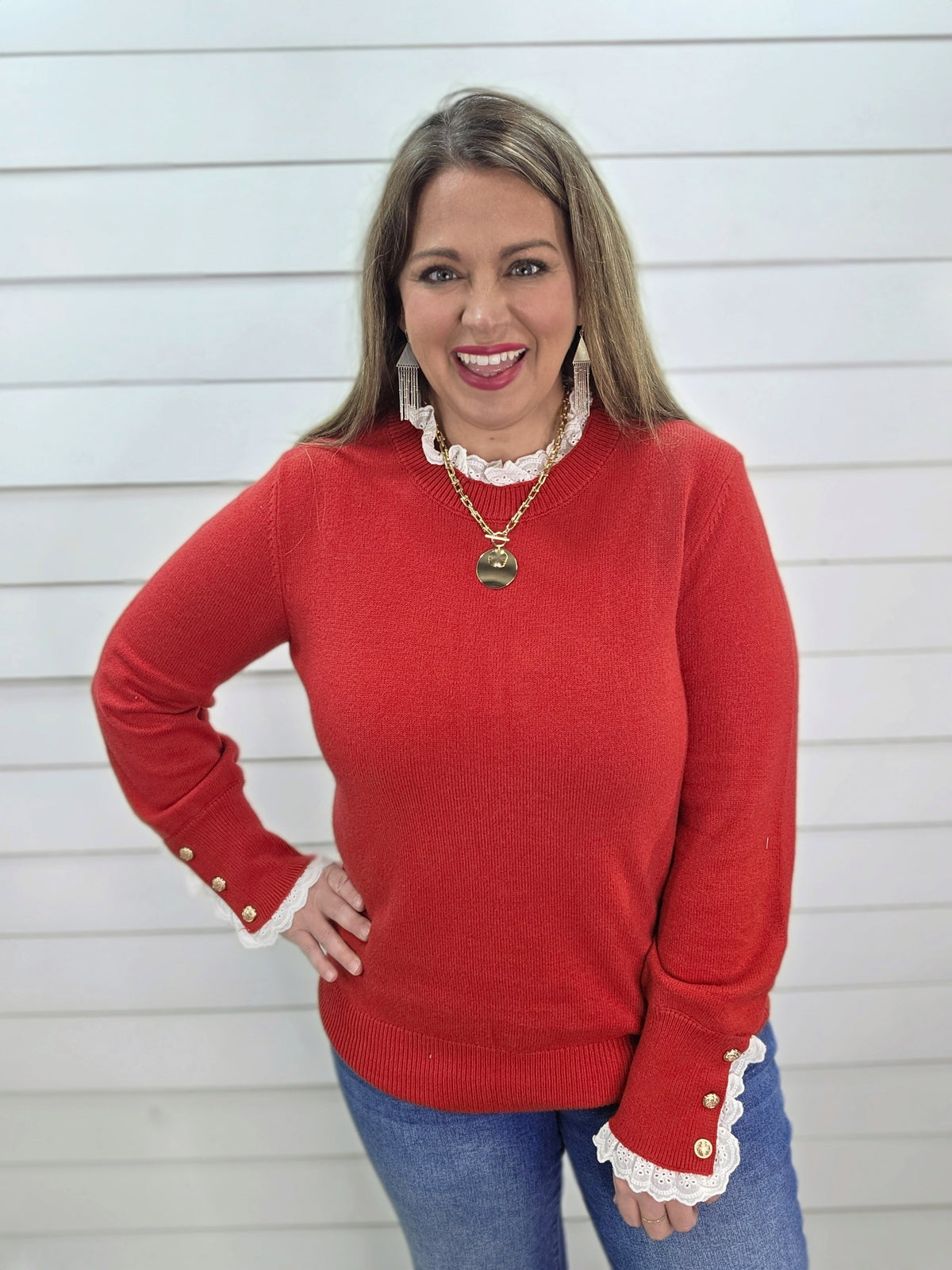 RED LACE TRIM SOFT PULLOVER SWEATER