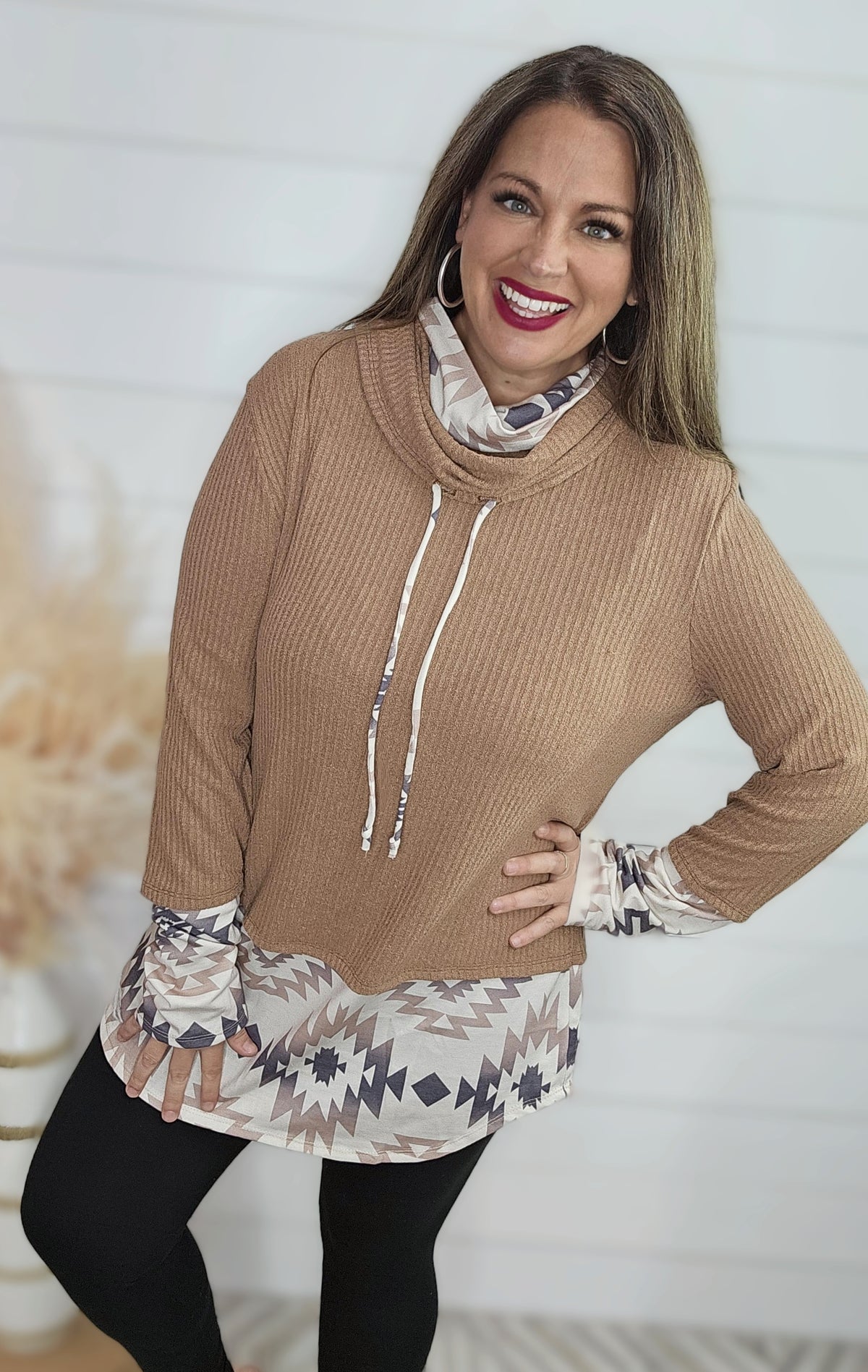 MOCHA AZTEC CONTRAST COWL NECK TUNIC