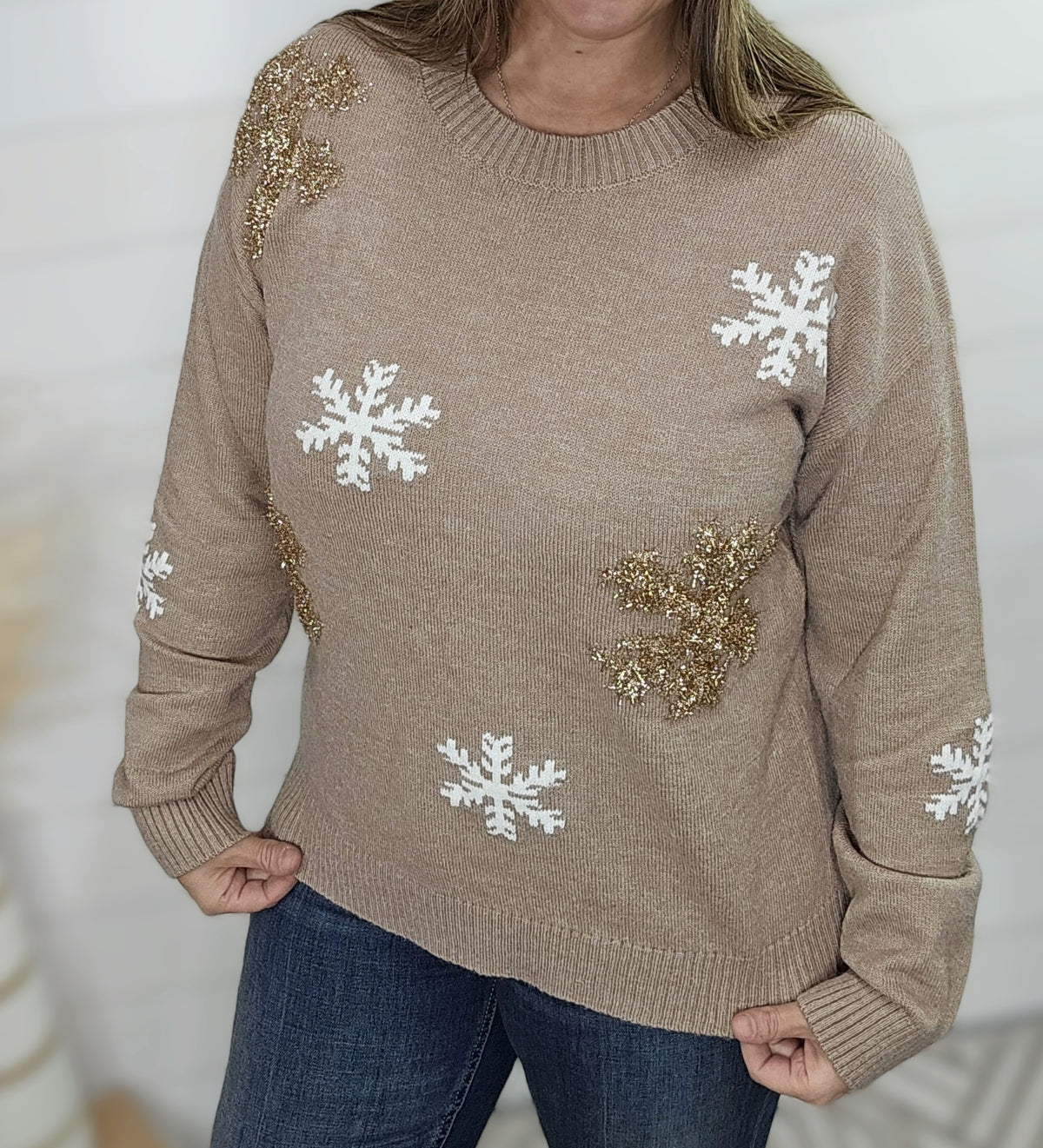 MOCHA METALLIC SNOWFLAKE SWEATER