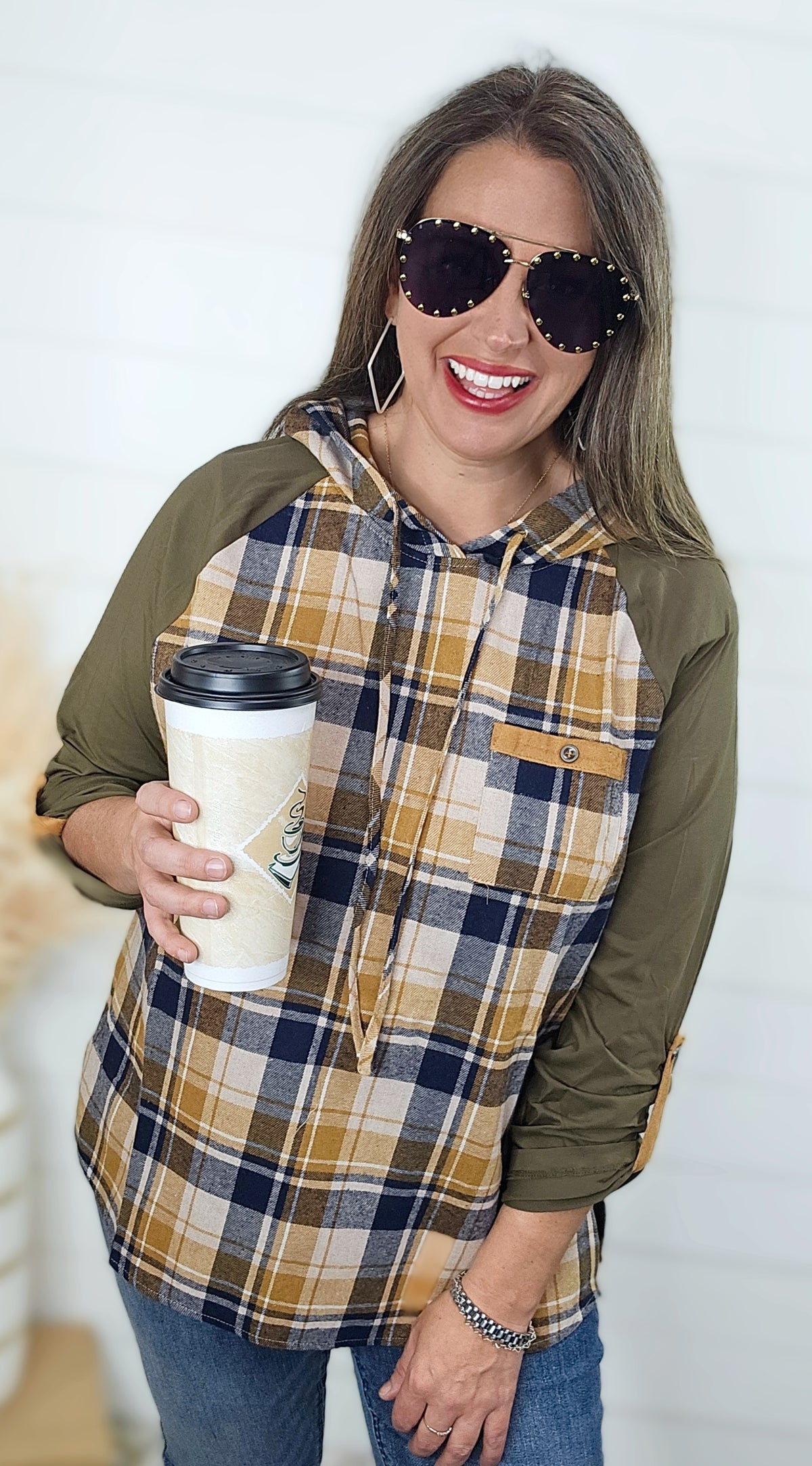 MUSTARD/OLIVE PLAID RAGLAN HOODED TOP W/ ROLL UP SLEEVE