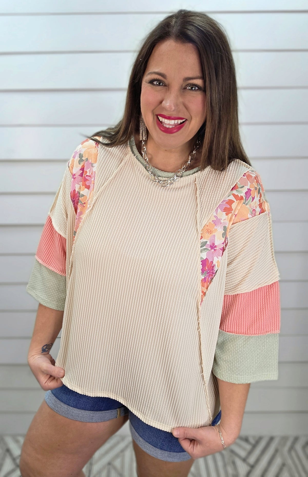 OATMEAL/CORAL/SAGE RAISED RIBBED COLORBLOCK SLEEVE LOOSE FIT TOP
