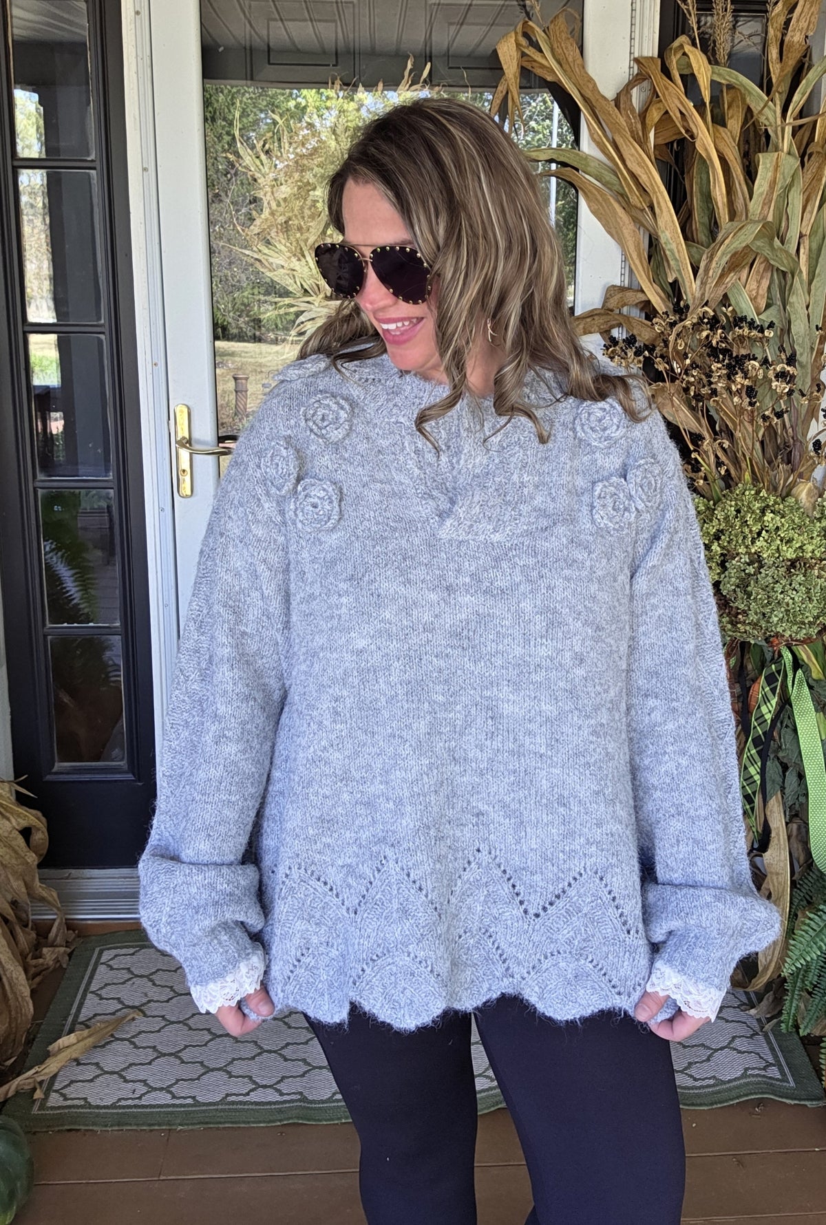 POL HEATHER GREY FLORAL TRIM SWEATER WITH SCALLOPS AND LACE TRIM