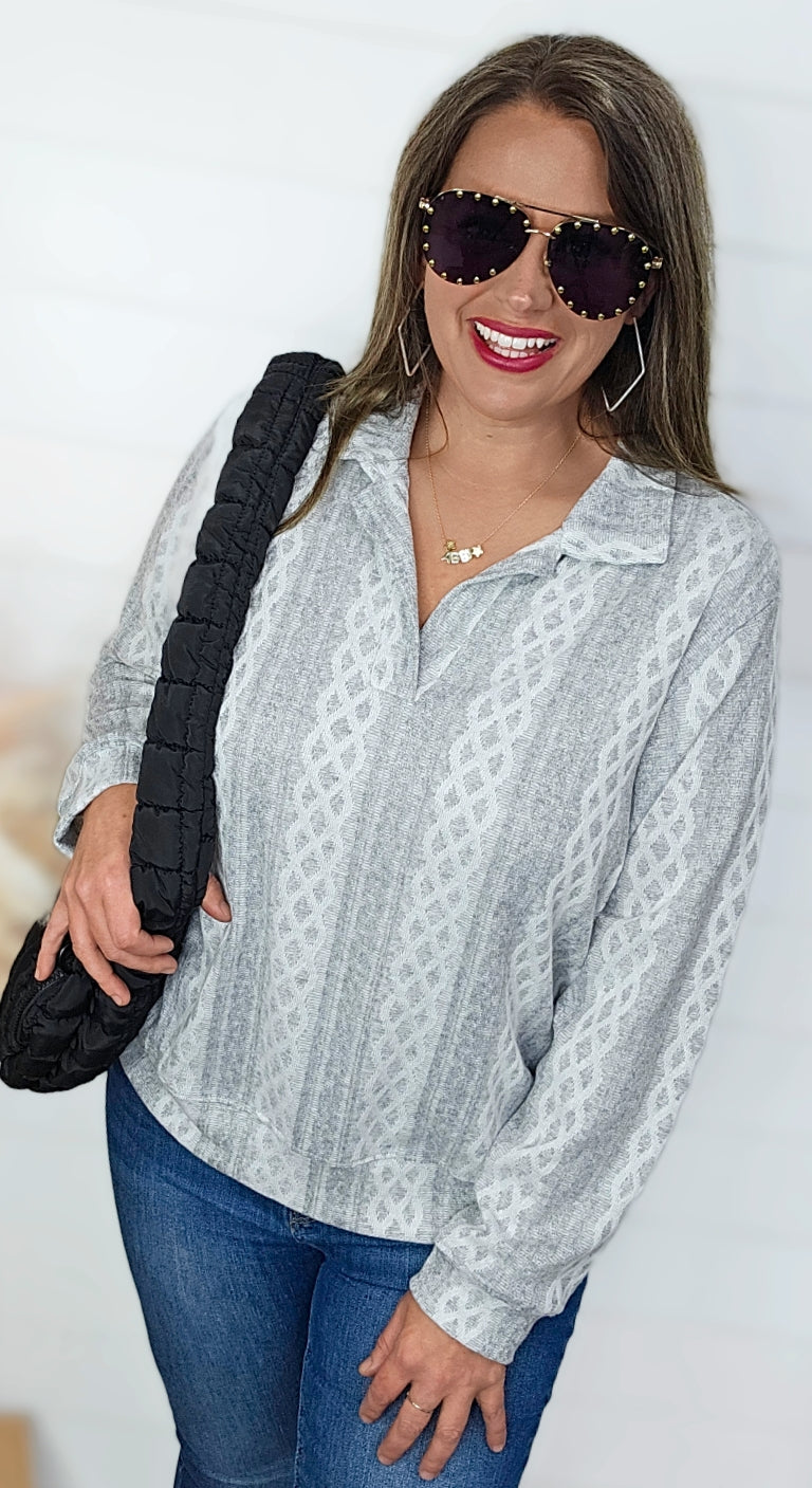 HEATHER GREY PRINTED TEXTURED V NECK LONG SLEEVE TOP