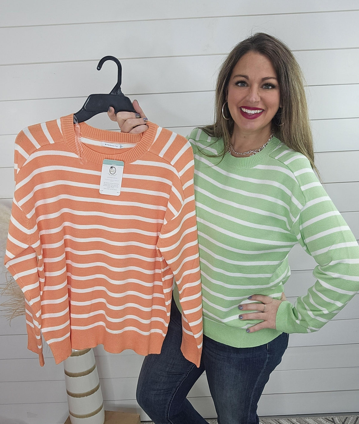 CORAL/WHITE STRIPED SOFT SWEATER