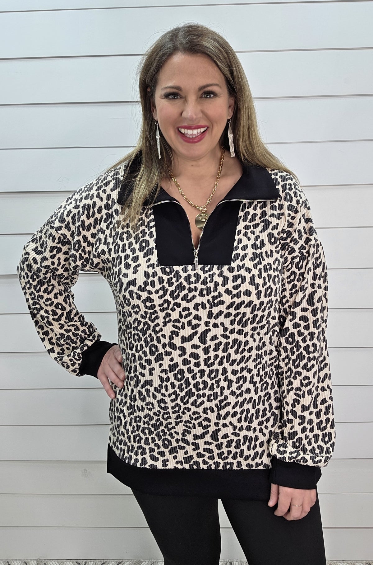 BEIGE/BLACK LEOPARD RAISED RIBBED QUARTER ZIP