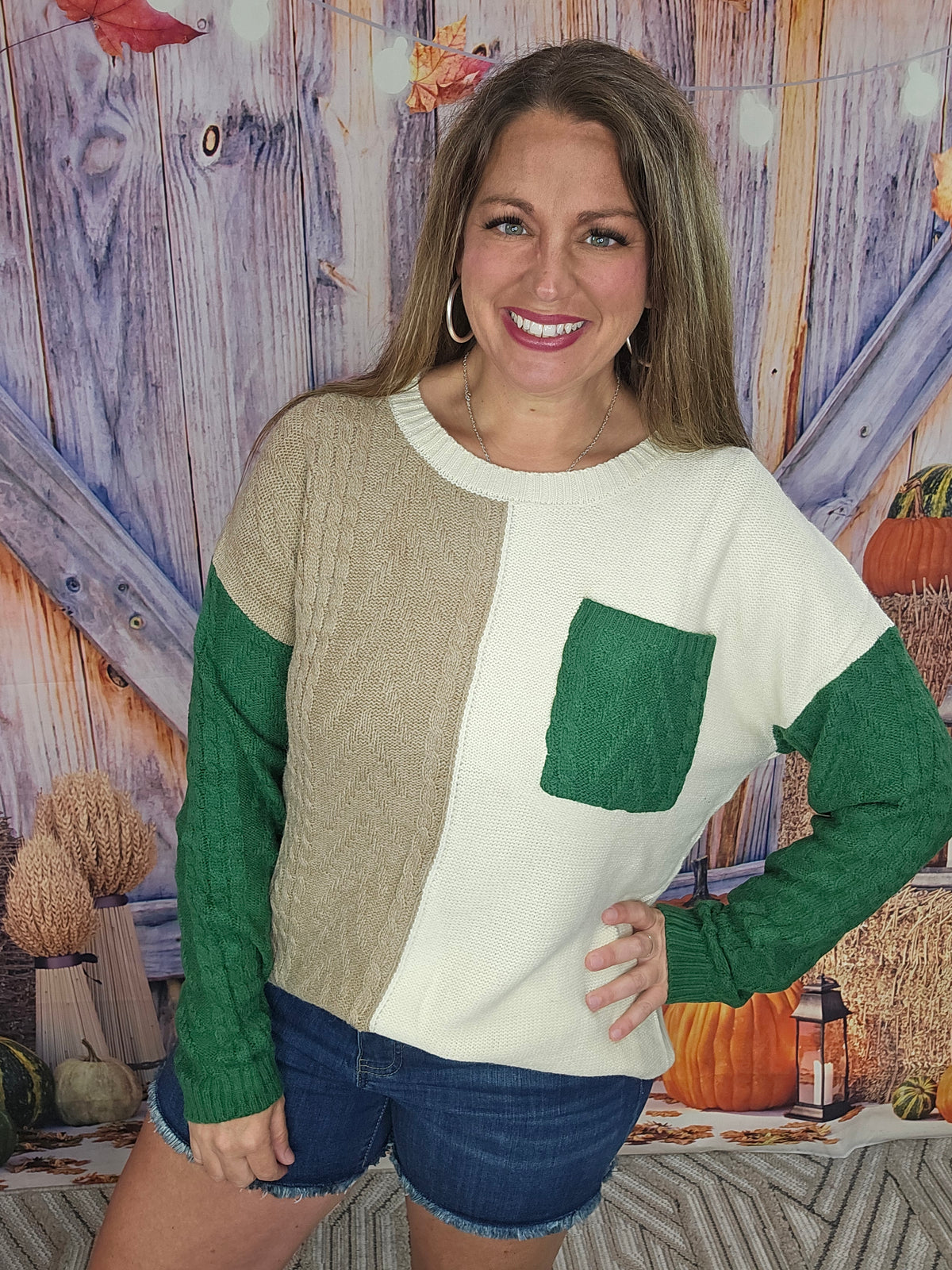 VINEYARD GREEN COLORBLOCK PATCHED POCKET DROP SHOULDER SWEATER