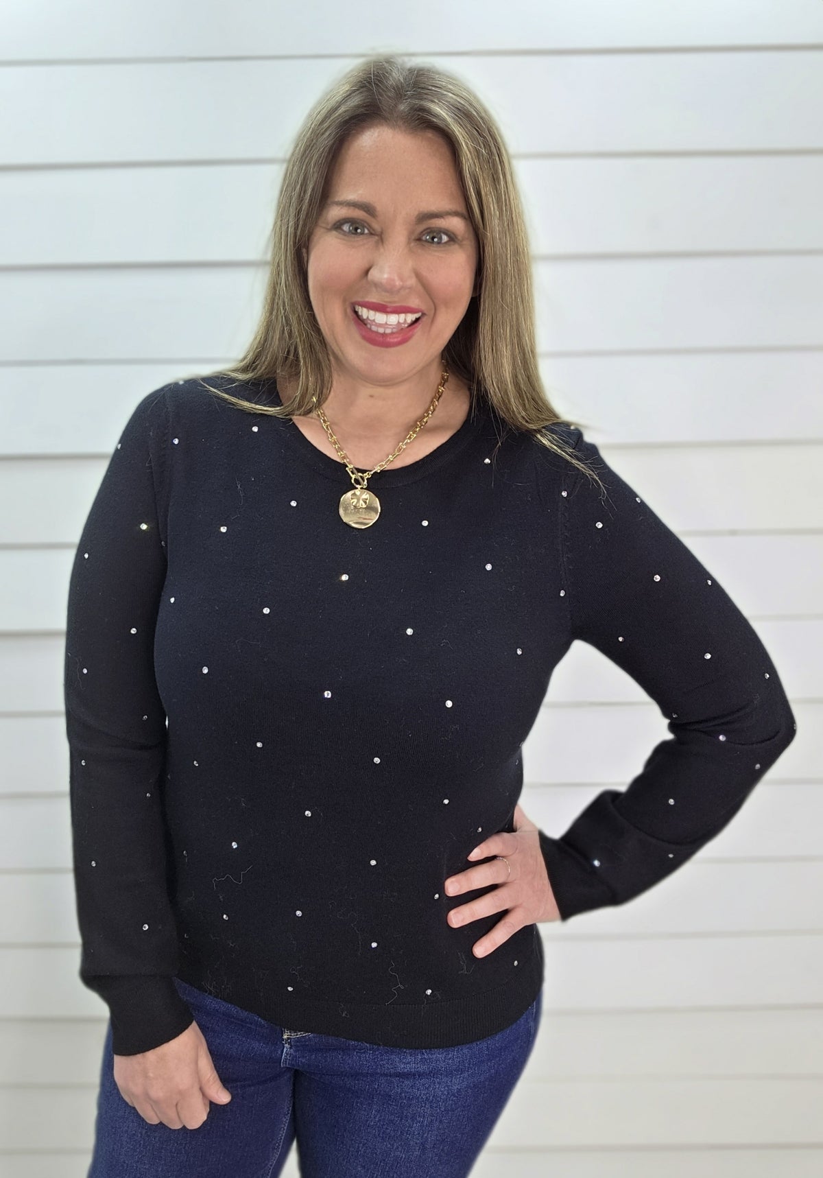 BLACK RHINESTONE LIGHT WEIGHT SWEATER