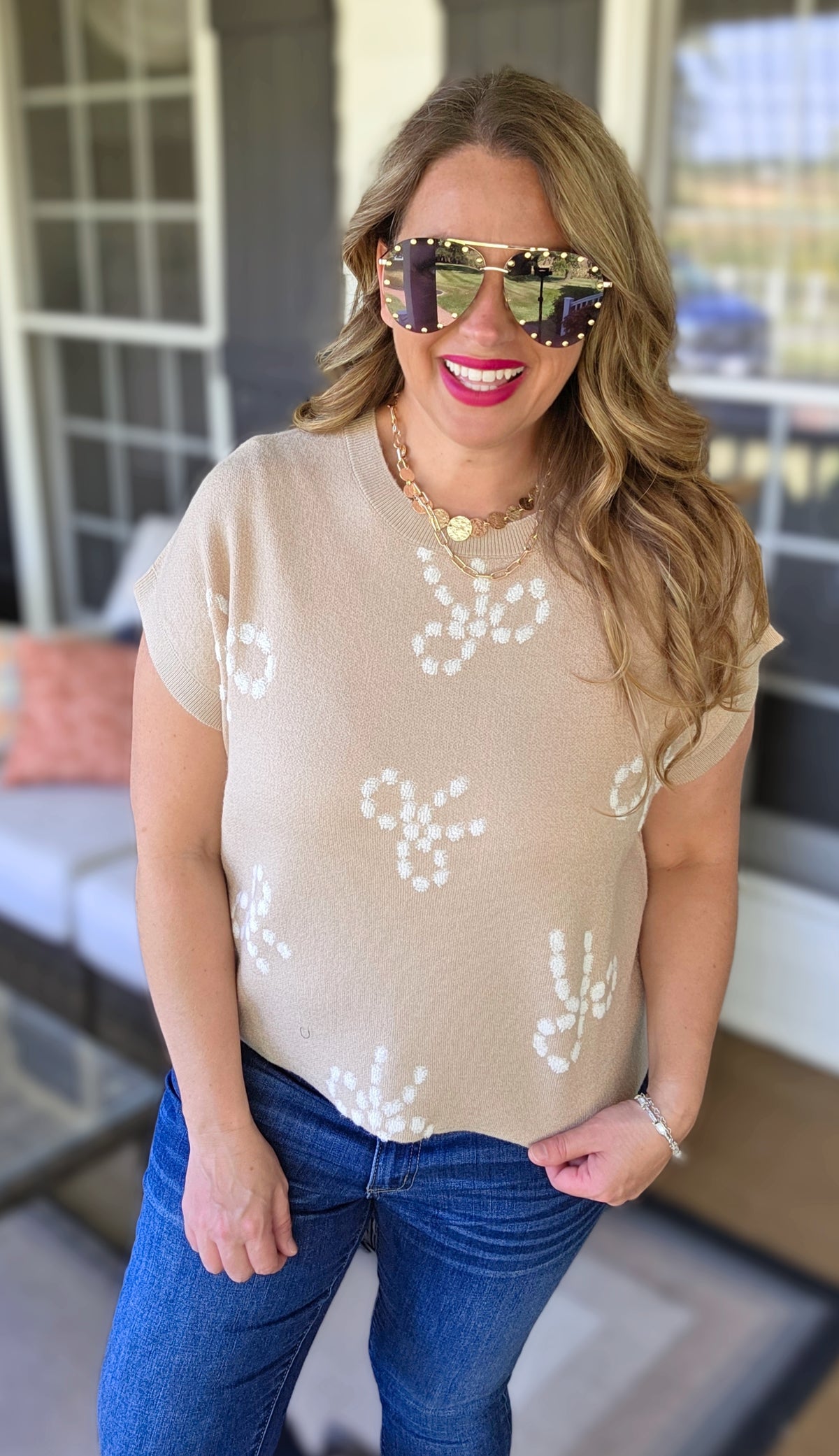 KHAKI BOW PRINT ULTRA SOFT SWEATER VEST