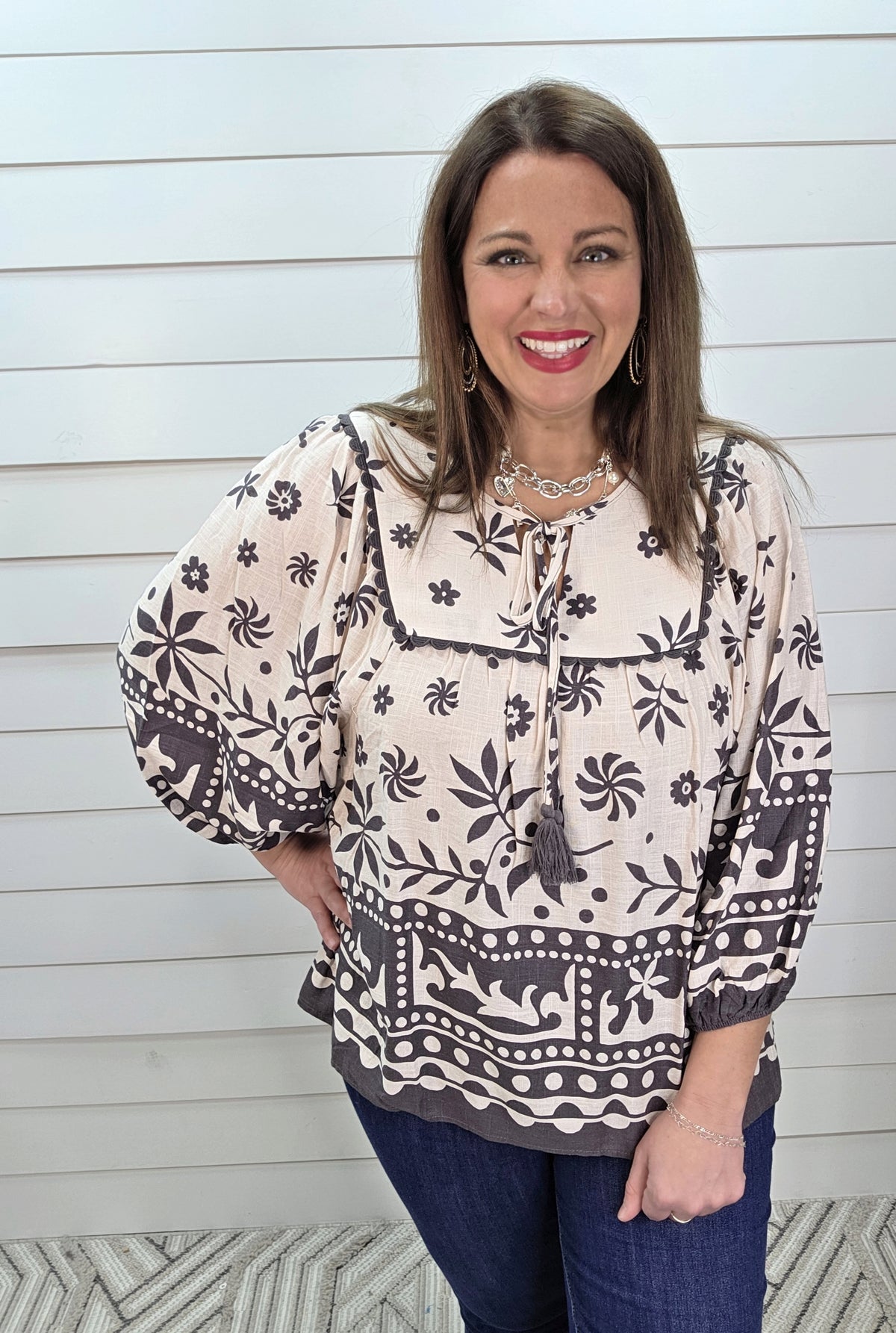 ASH MOCHA PRINTED 3/4 SLEEVE WOVEN TOP