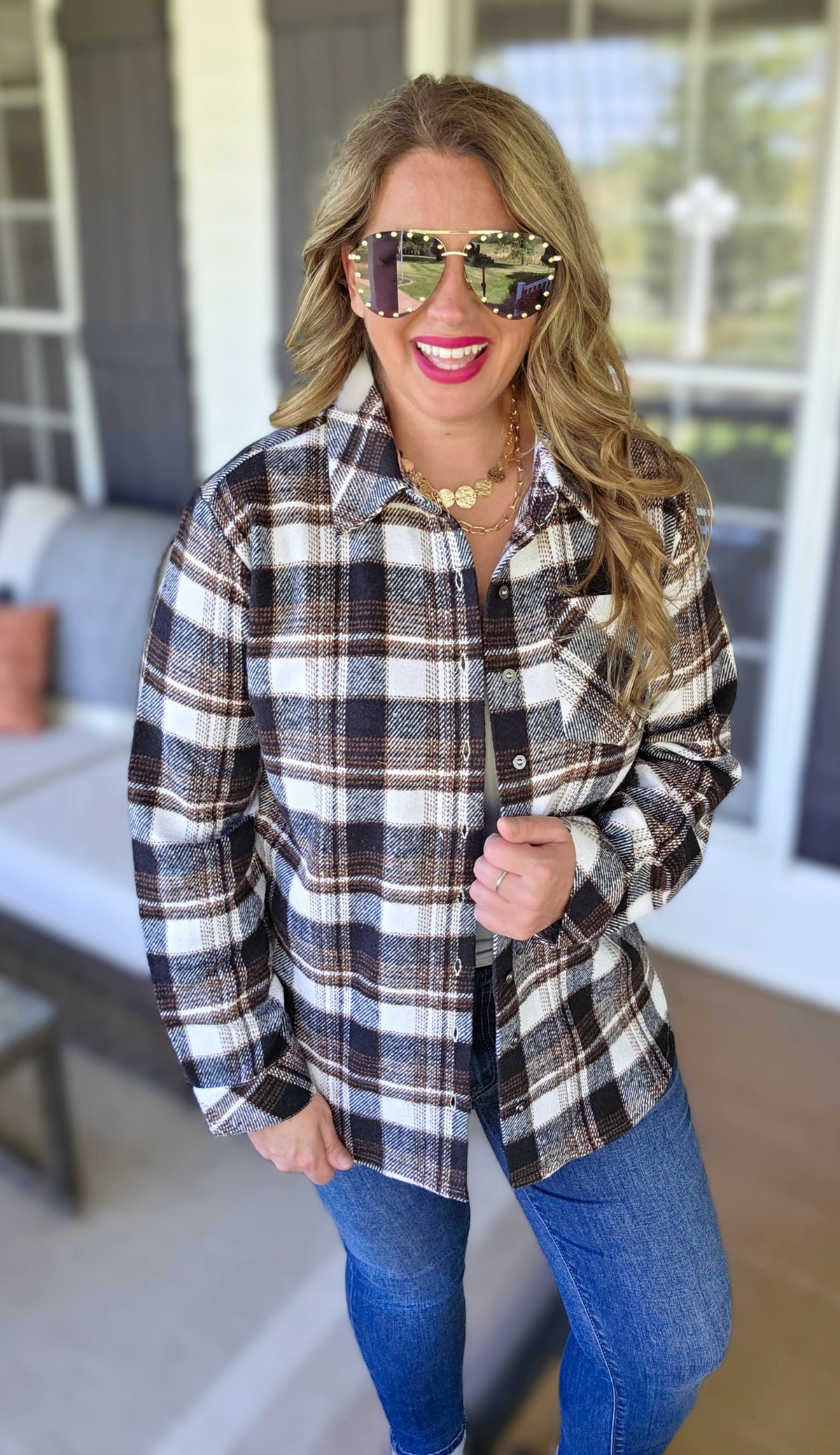 KAREN HART BLACK/TAUPE PLAID SHACKET