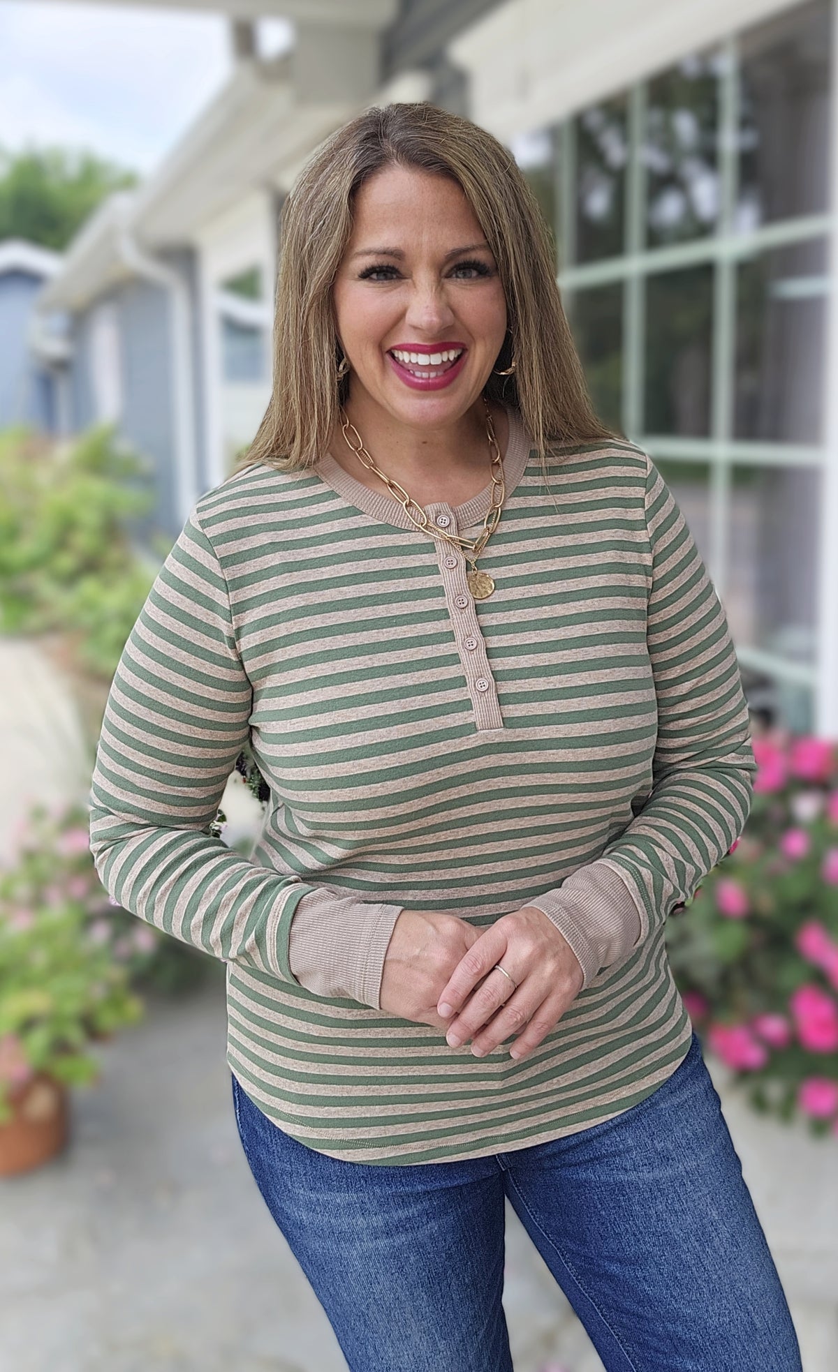 OLIVE/MOCHA STRIPED BUTTON HENLEY KNIT TOP