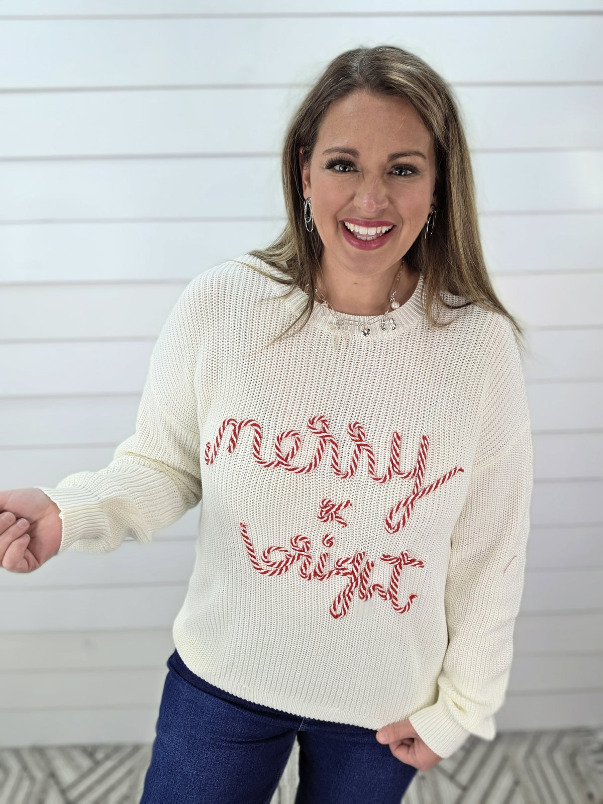 CREAM CANY CANE "MERRY & BRIGHT" SWEATER