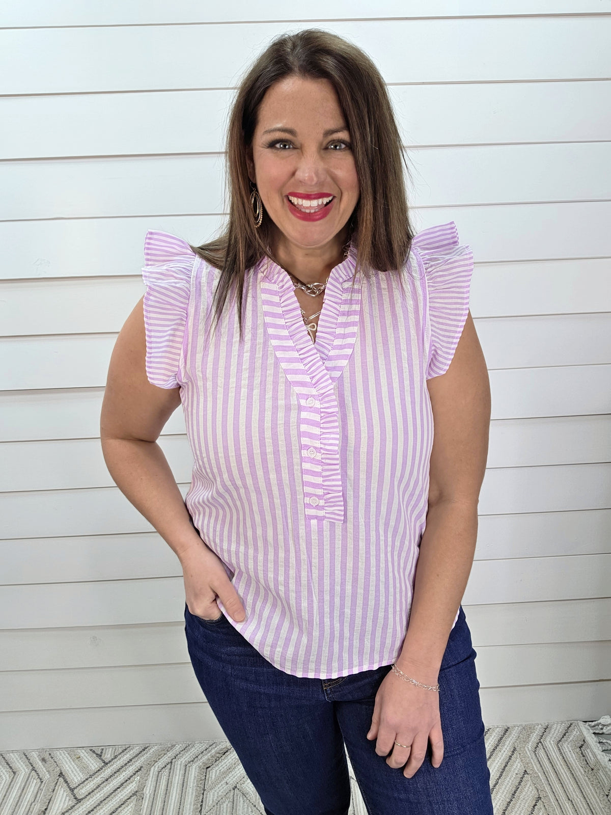LAVENDER VERTICAL STRIPED V NECK HENLEY RUFFLE TRIM TOP