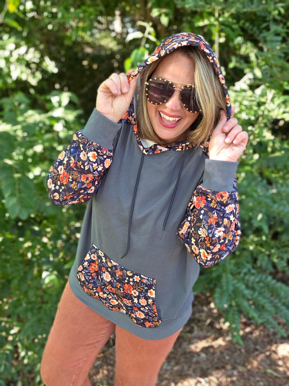 CHARCOAL FLORAL CONTRAST BUTTER SOFT HOODIE