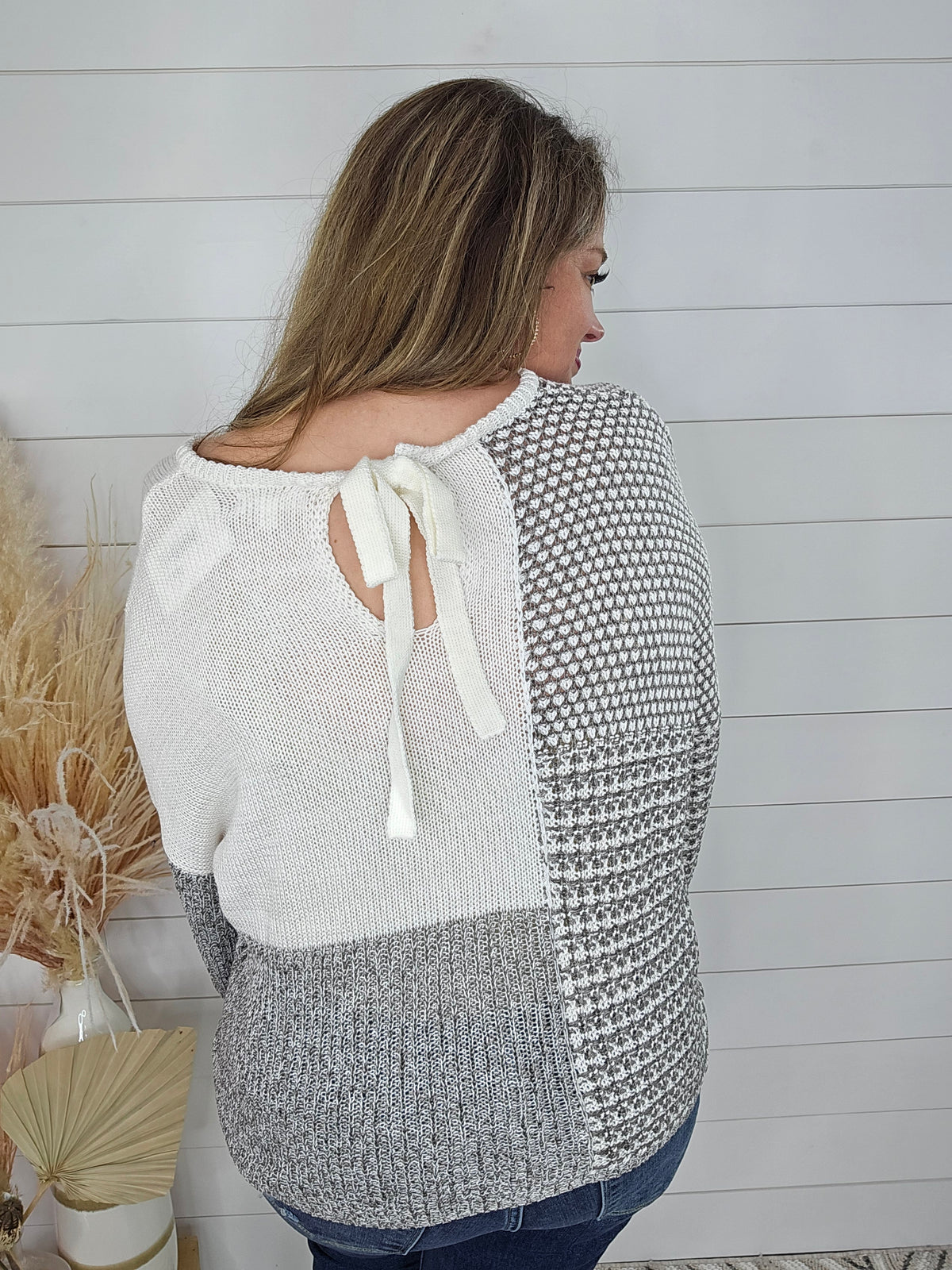 GREY MULTI BLOCK TIE BACK SWEATER