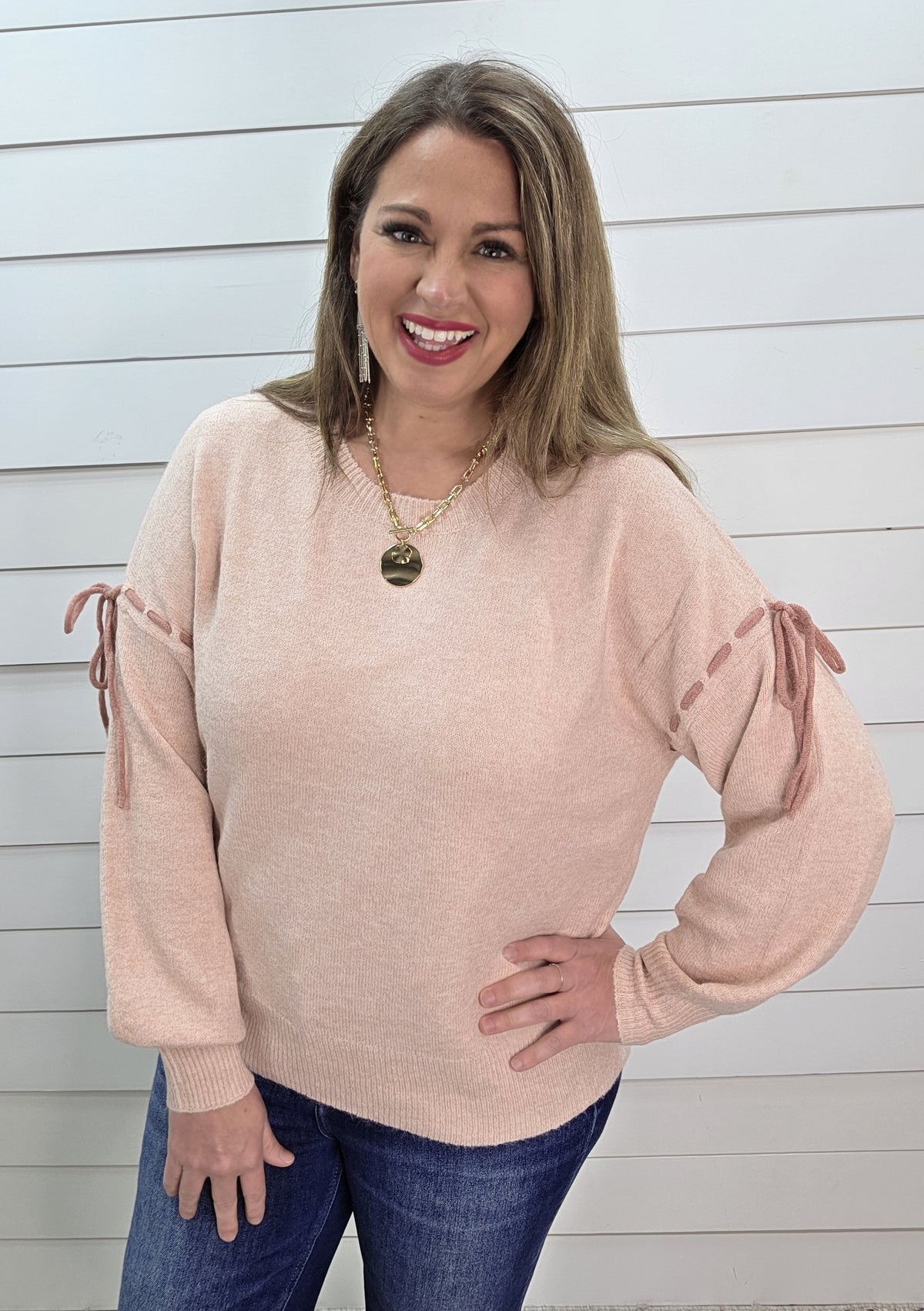BLUSH SOFT KNIT BOW STITCH SLEEVE DETAIL PULLOVER SWEATER