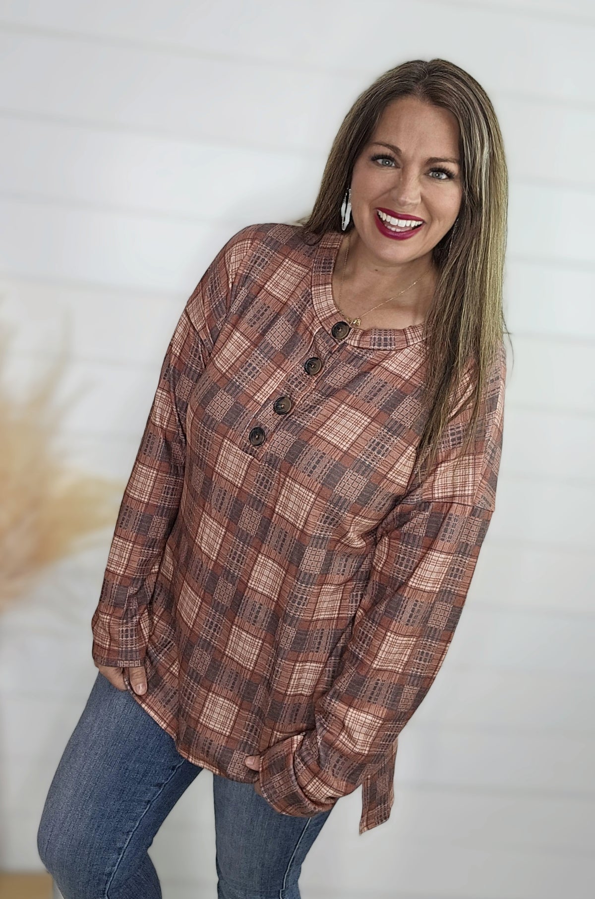 RUST MULTI PLAID HENLEY SOFT TOP