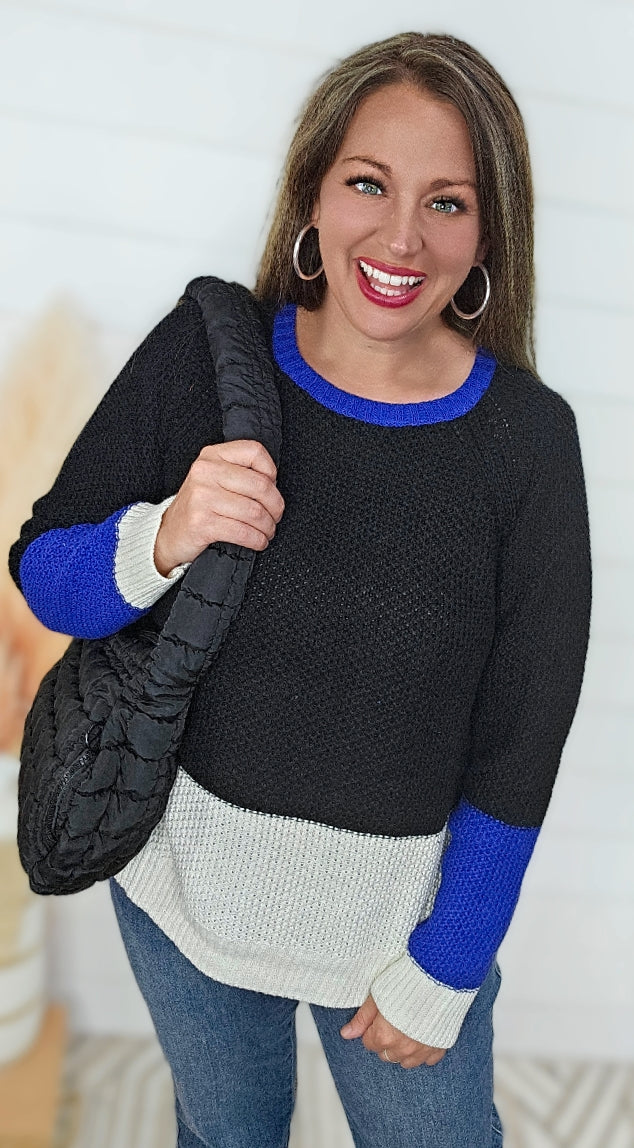 BLUE/BLACK/CREAM COLORBLOCK COTTON SWEATER