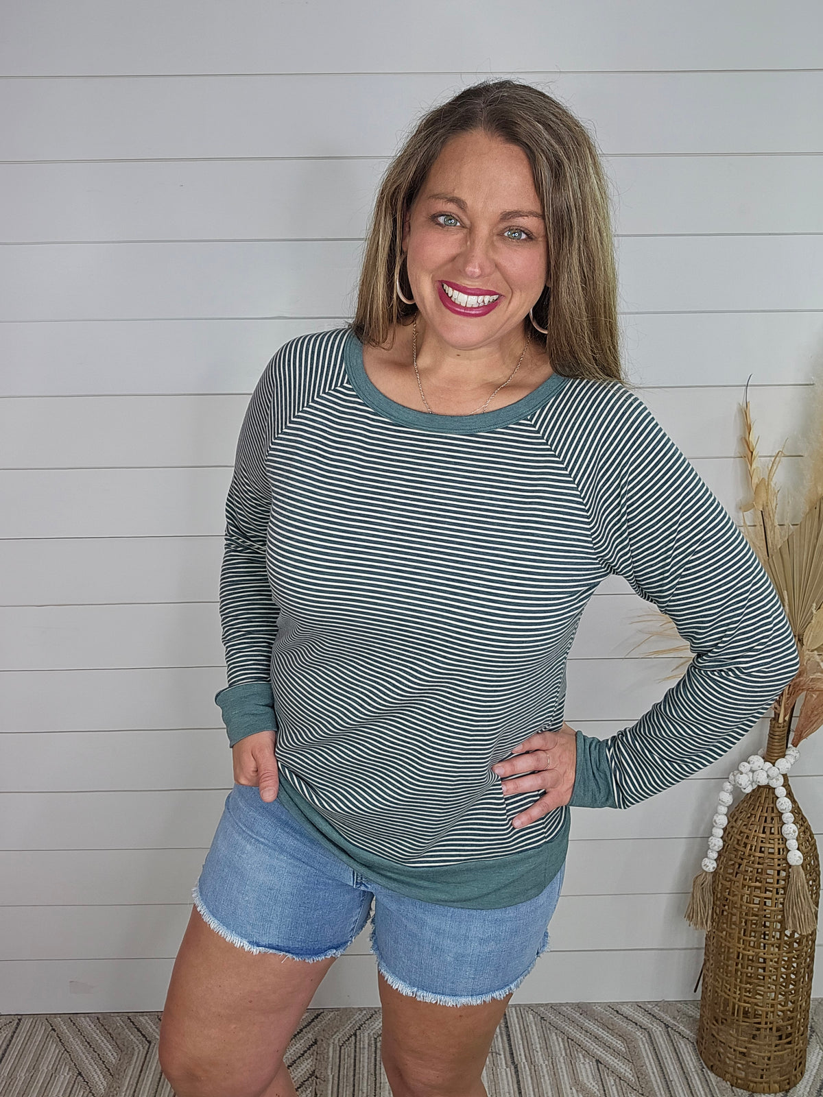 OLIVE CREW NECK PIN STRIPE FRENCH TERRY TOP