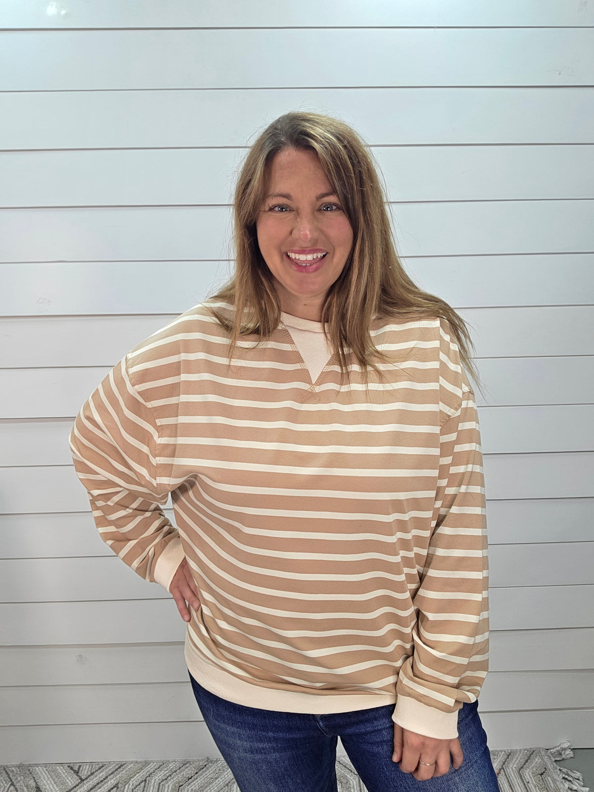TAUPE/CREAM STRIPED LOOSE FIT KNIT TOP
