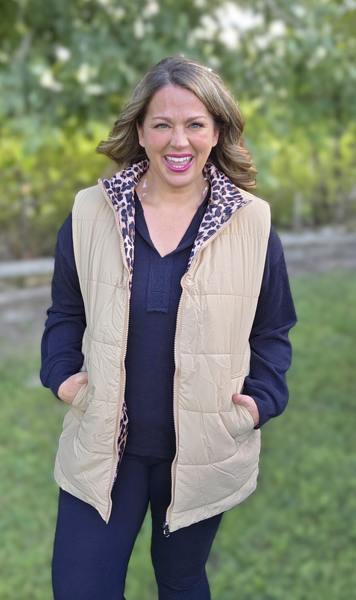 KHAKI AND LEOPARD REVERSIBLE ZIP UP VEST