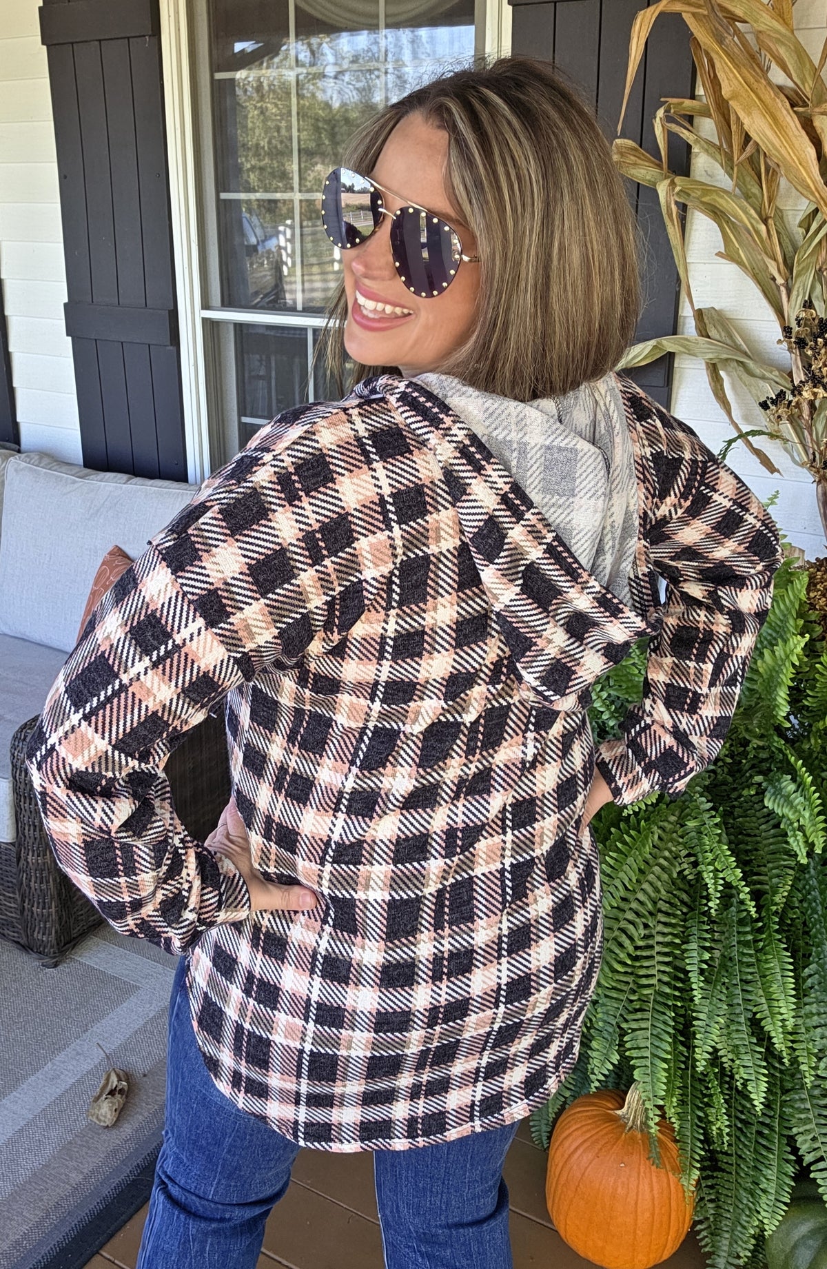 NAVY/ROSE PLAID CHECK FRECH TERRY HOODIE