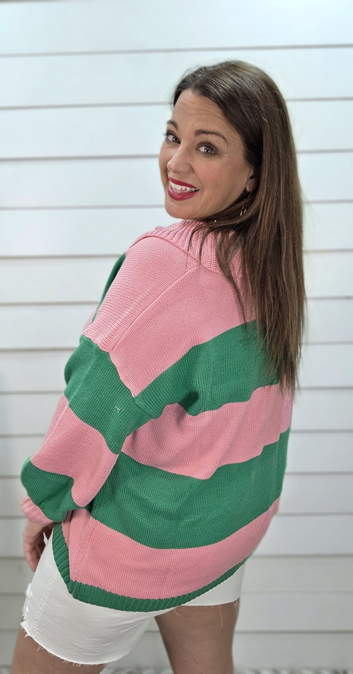 PINK/GREEN WIDE STRIPE V NECK SPRING SWEATER