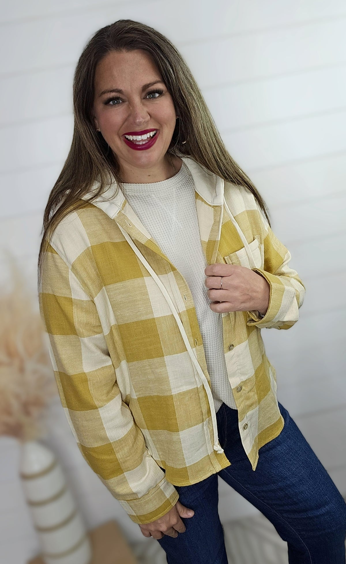 YELLOW PLAID BUTTON TOP HOODED TOP