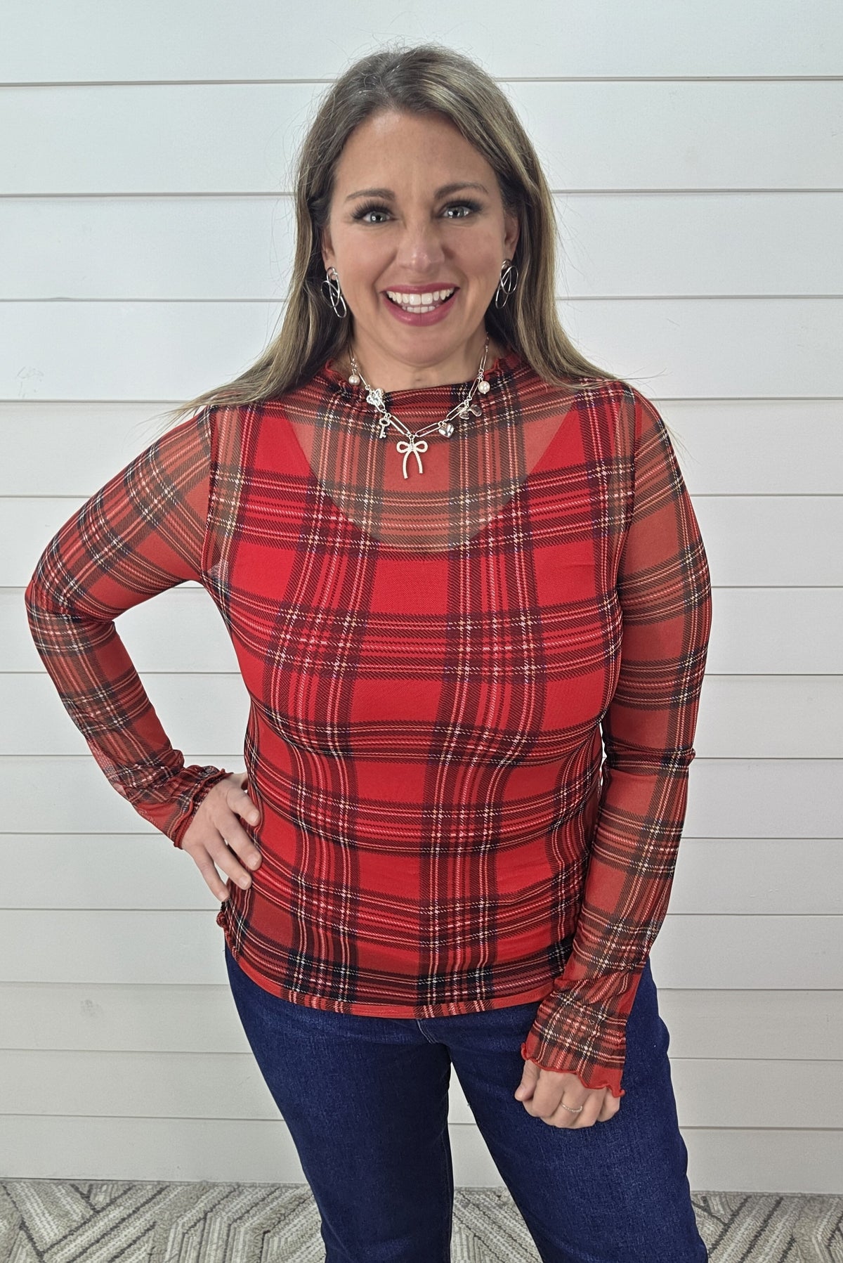 RED PLAID MESH TOP
