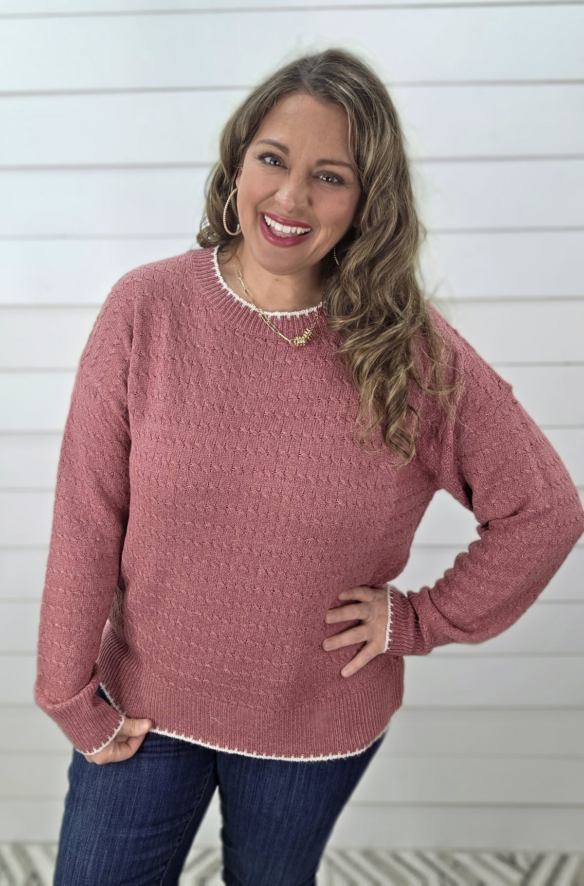 ROSE CABLE KNIT TEXTURED/ COLOR EDGE LIGHT WEIGHT SWEATER