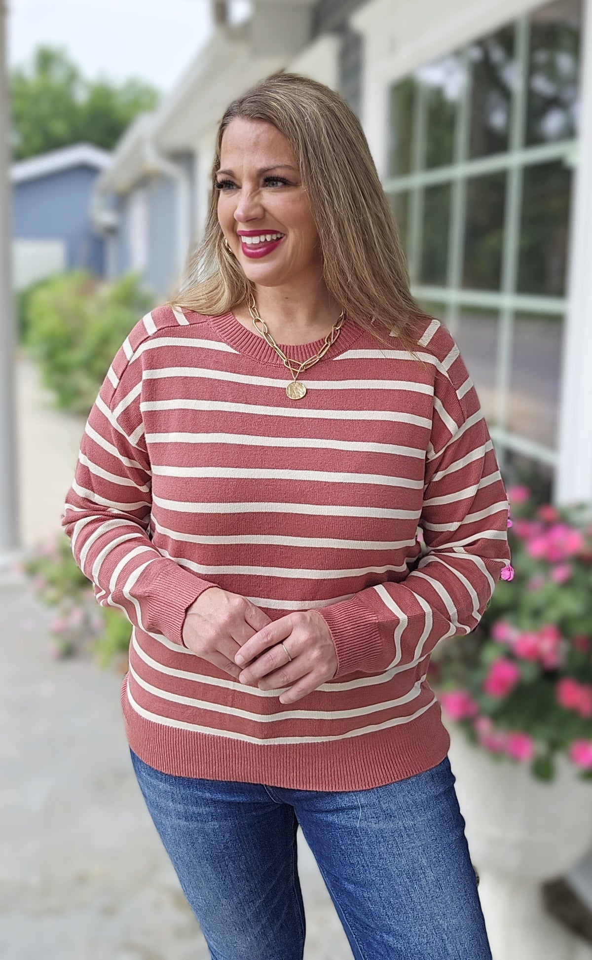 MARSALA STRIPED REGLAN SLEEVE SWEATER