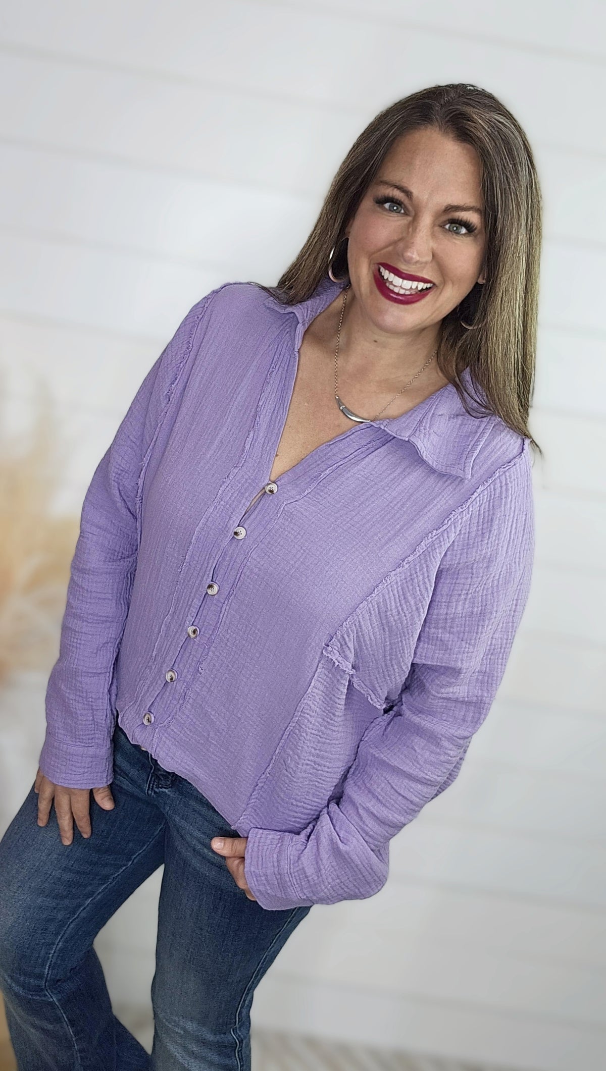 LAVENDER OVERSIZED COTTON GAUZED LONG SLEEVE BUTTON DOWN TOP