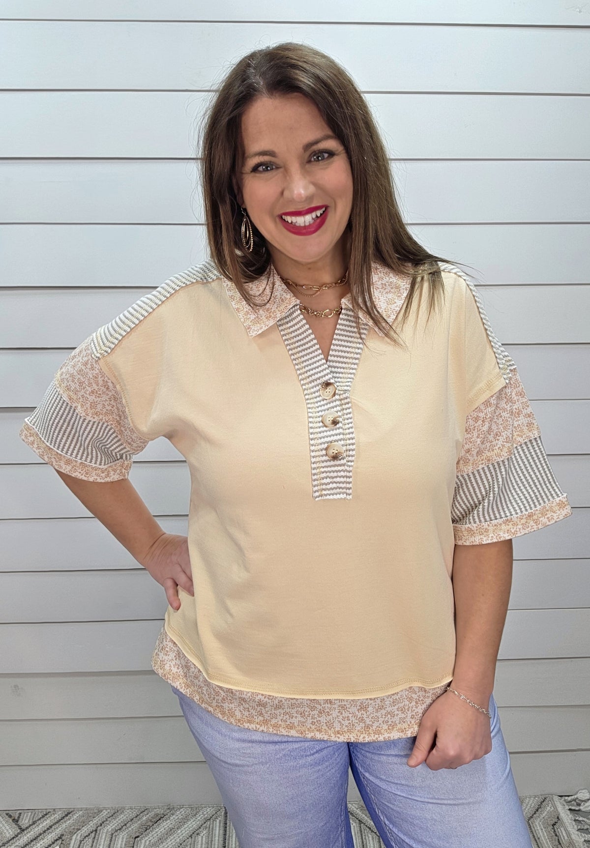 OATMEAL FLORAL/STRIPED HENLEY BUTTON KNIT TOP