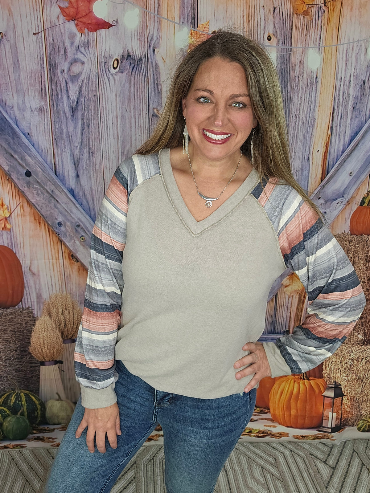 TAUPE BRUSHED KNIT V NECK TOP W/ STRIPED SLEEVES