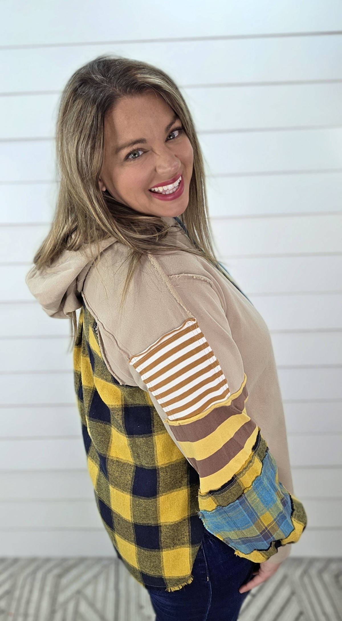 KHAKI FRENCH TERRY PLAID MIX CONTRAST OVERSIZED HOODIE