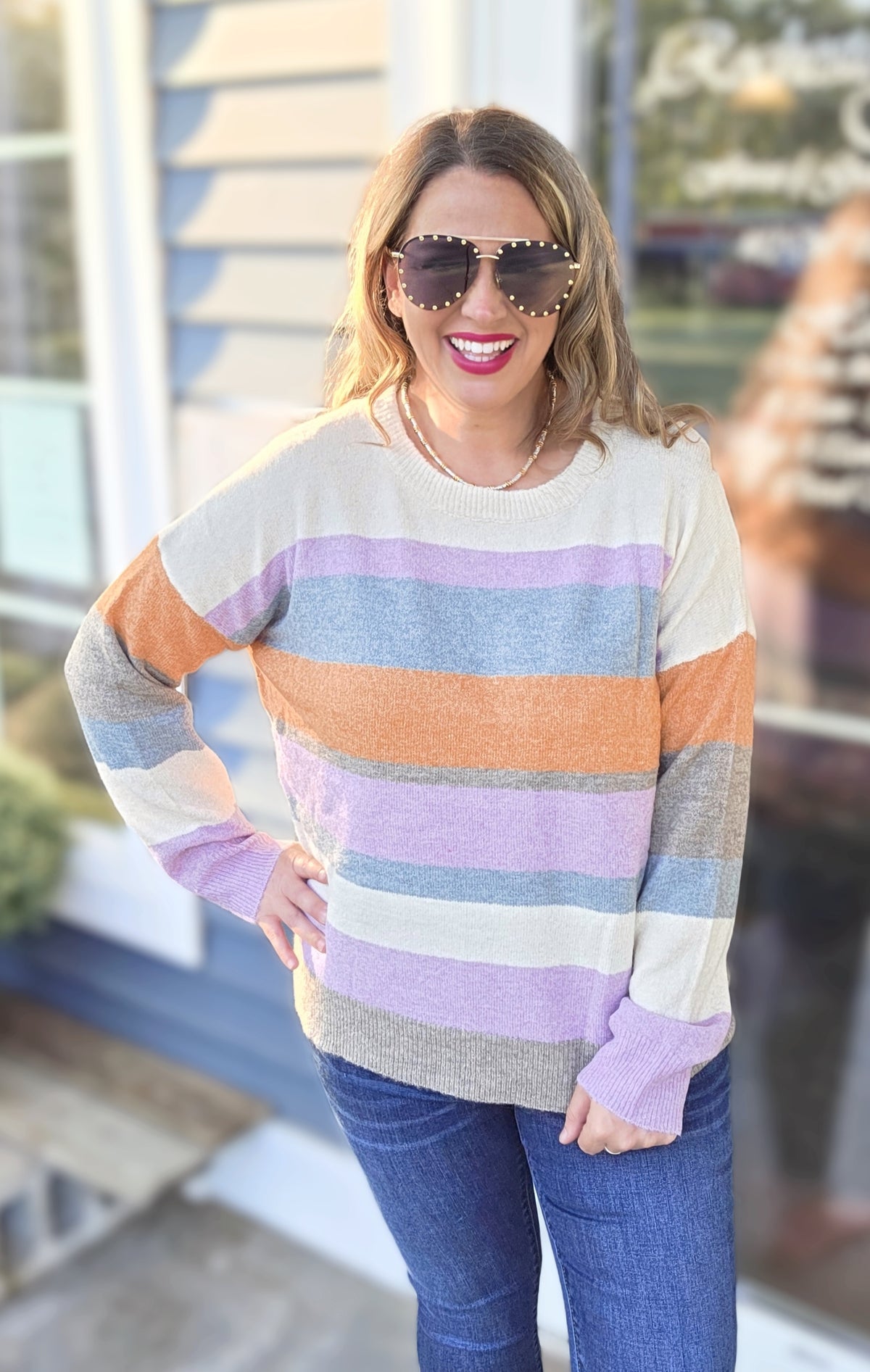 LAVENEDER/ORANGE STRIPED COLORBLOCK KNIT SWEATER