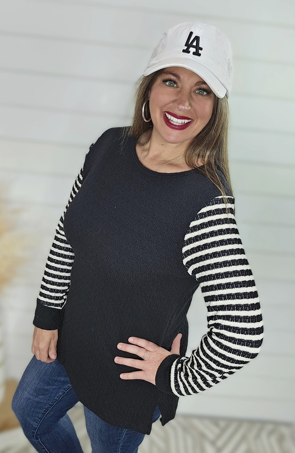 BLACK TEXTURED TOP W/ STRIPED CONTRAST SLEEVES