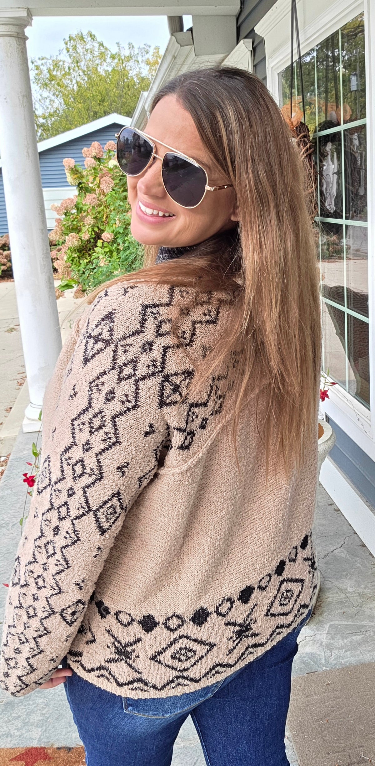Mocha Nordic Pattern Raglan Long Sleeve Contrast Rib Band With Toggle Buttons Soft Cardigan