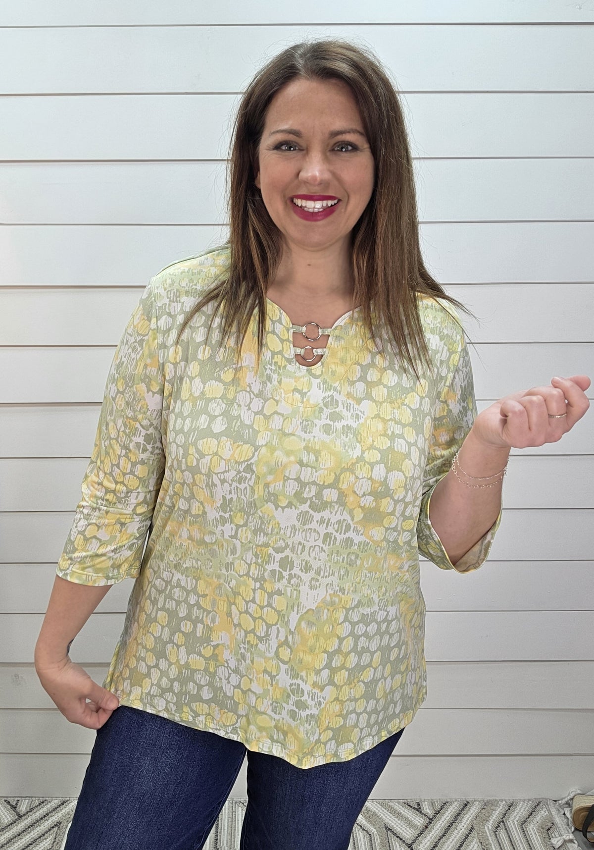 YELLOW/GREEN DOT PATTERN KNIT TOP W/ RING ACCENT NECKLINE