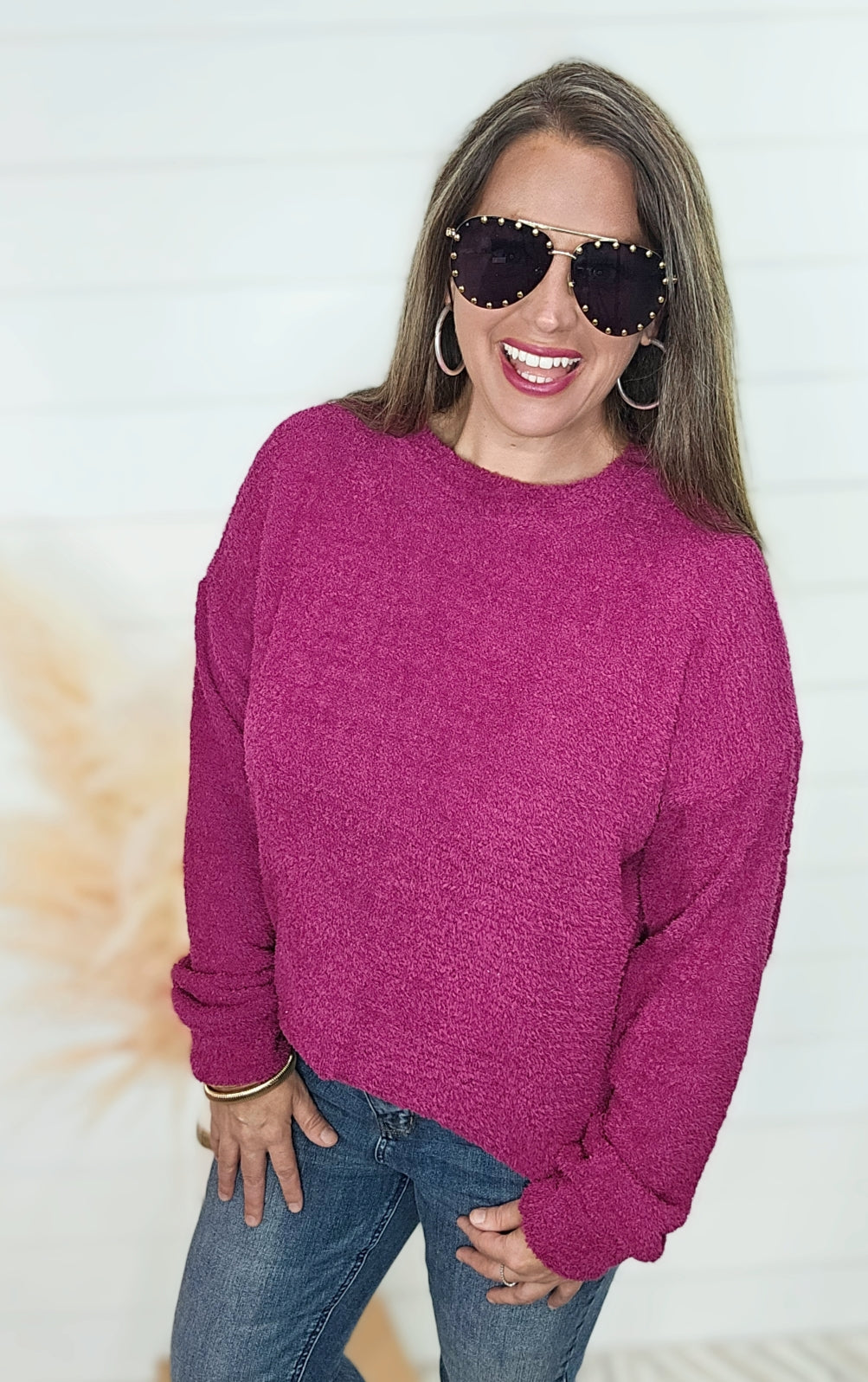 MAGENTA PLUSH PULLOVER KNIT TOP