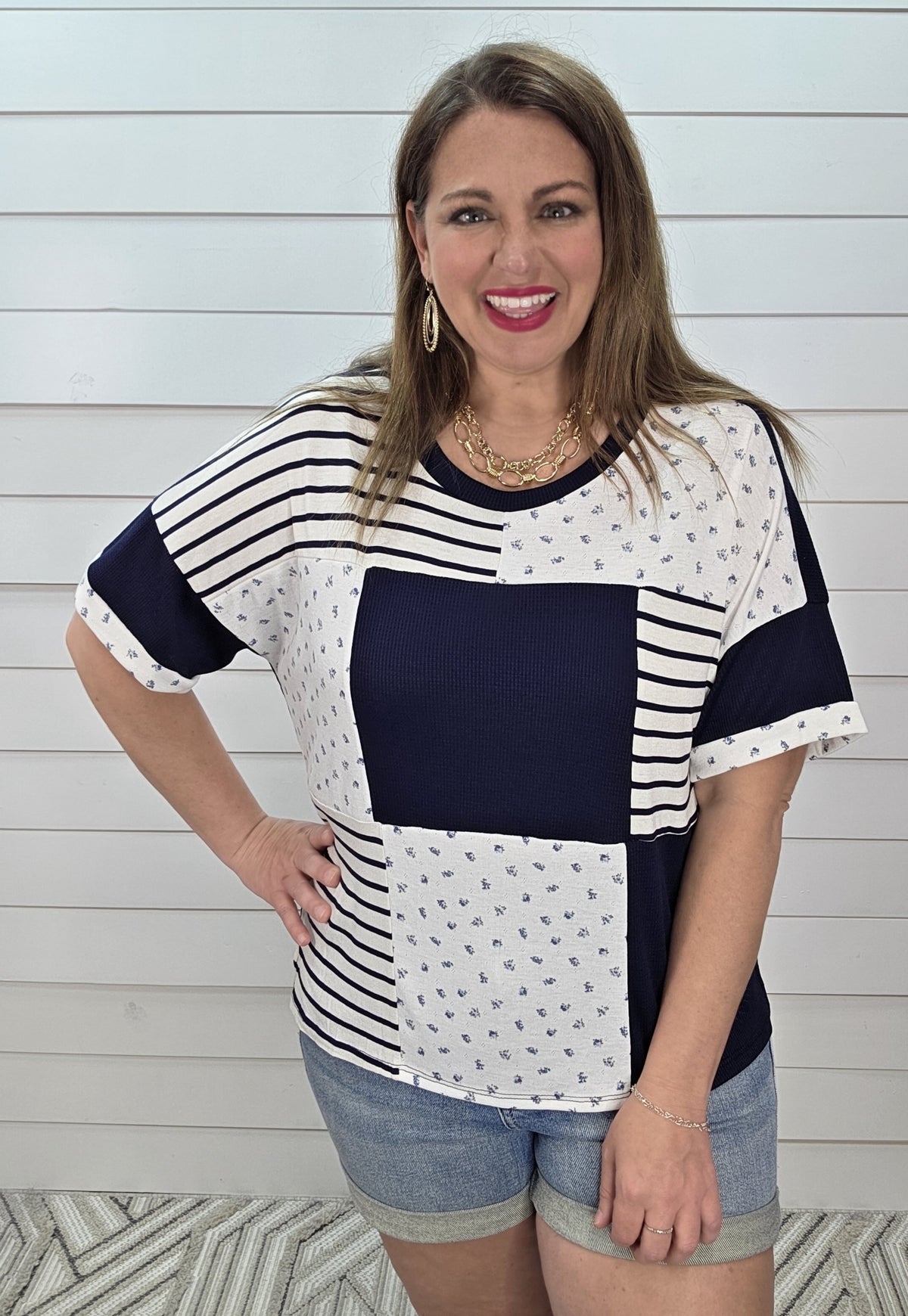 NAVY/WHITE PATCHWORK KNIT TOP
