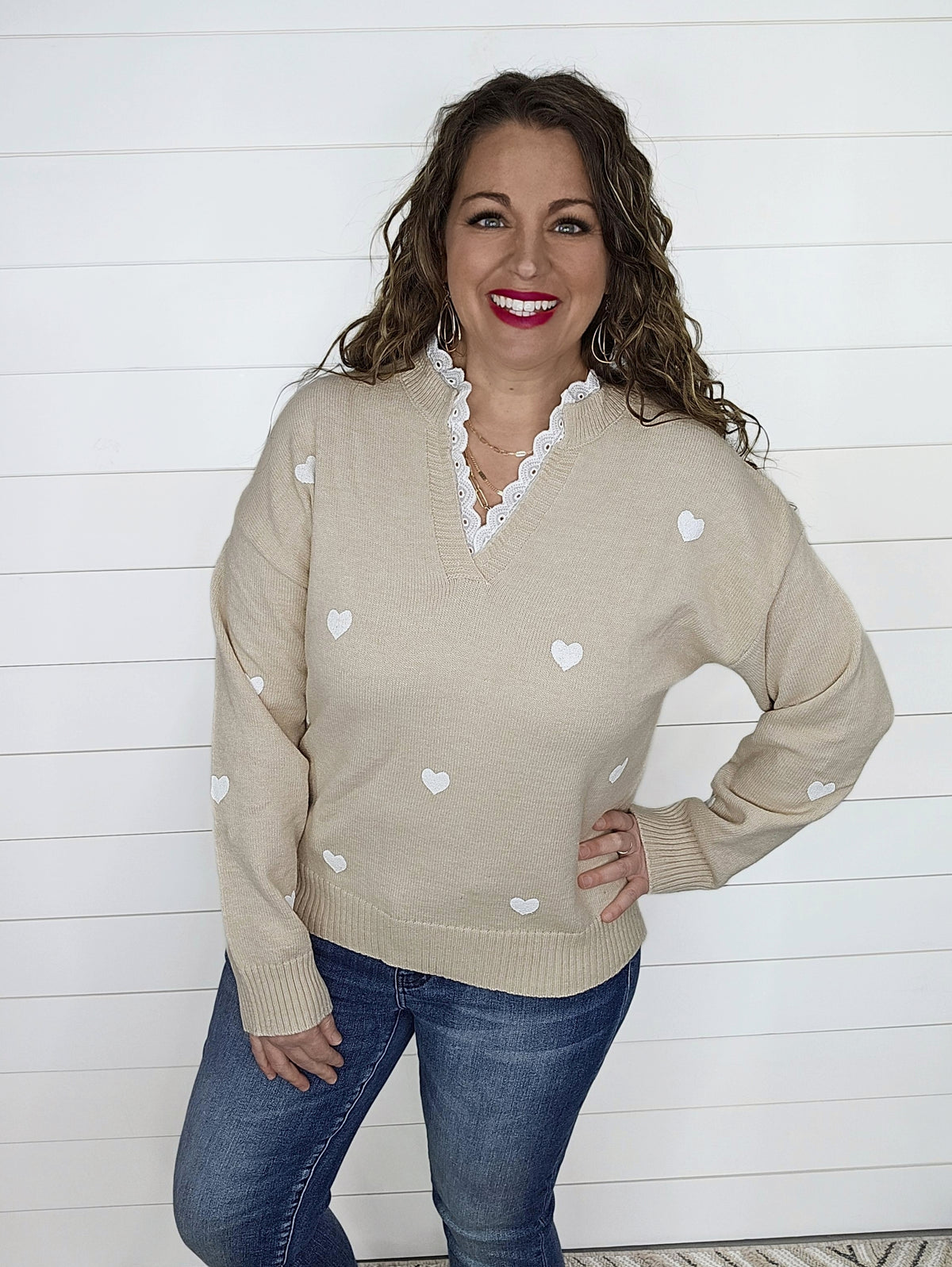 NEUTRAL HEART SWEATER W/ PEEK A BOO LACE NECK LINE